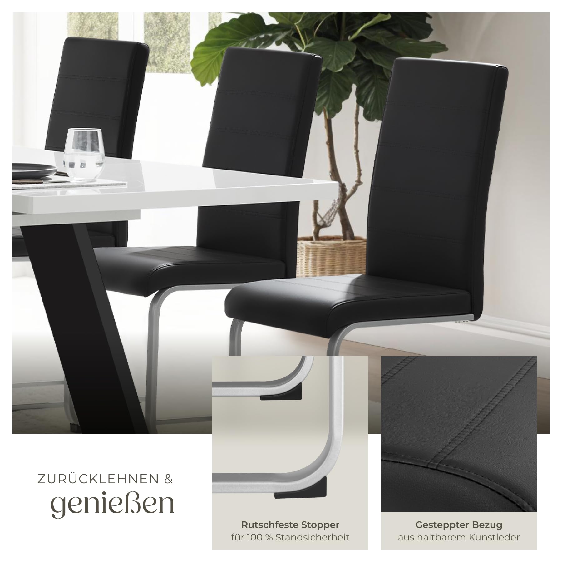 tectake® 2er Set Esszimmerstühle modern, ergonomischer Stuhl für Esszimmer, Besucherstuhl, Möbel für Küche, Esstisch, Küchenstühle, Freischwinger Essstühle, hohe Rückenlehne - schwarz