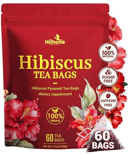 Bolsas de té de hibisco, té de hierbas de flores de hibisco, rico en vitamina C, sin cafeína, sin azúcar, 60 bolsitas de té