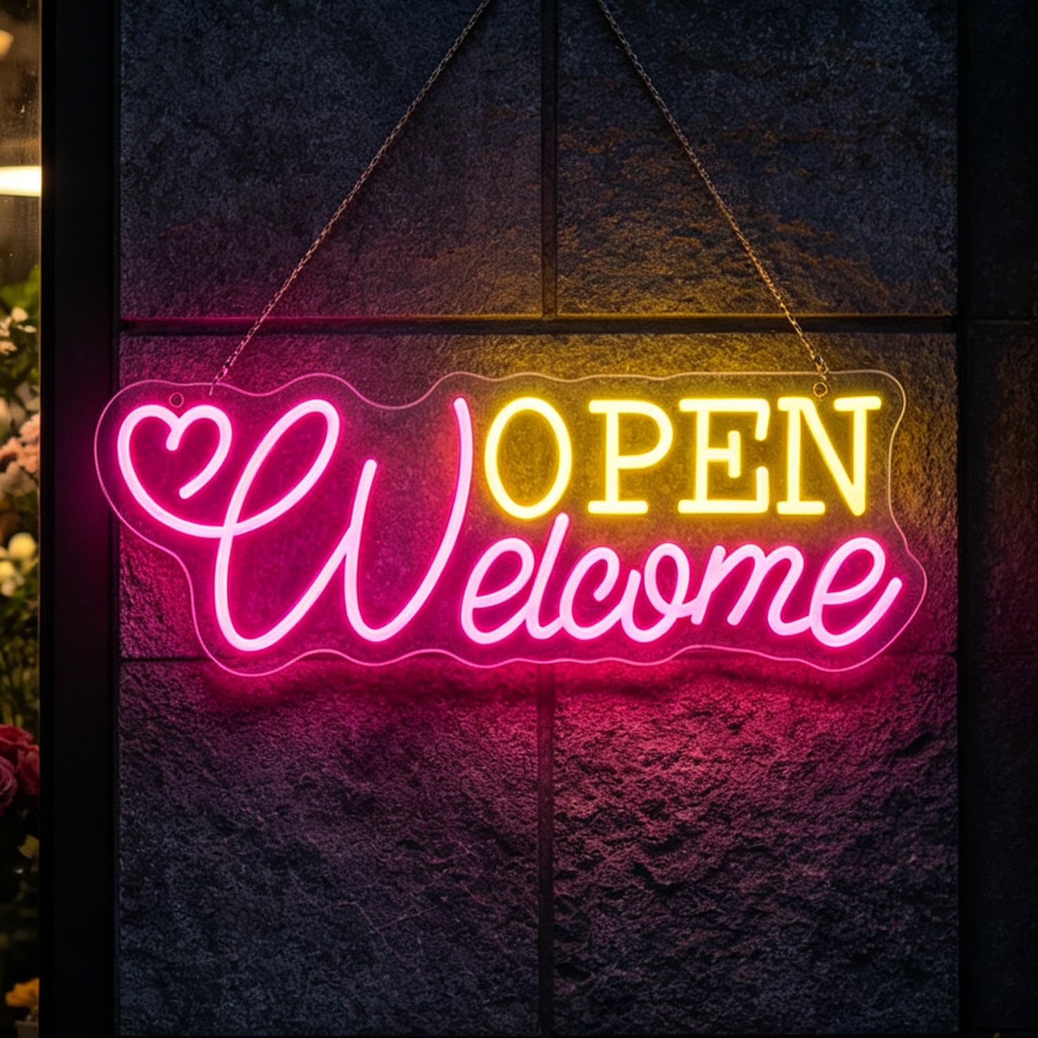 Open Neon Signs, Open Welcome Neon Light for Business, Dimmable USB Powered LED Light Up Sign for Shop Restaurant Coffee Manicure Store Bar Salon Grocery Store Dessert Store 16.5”x5.7”