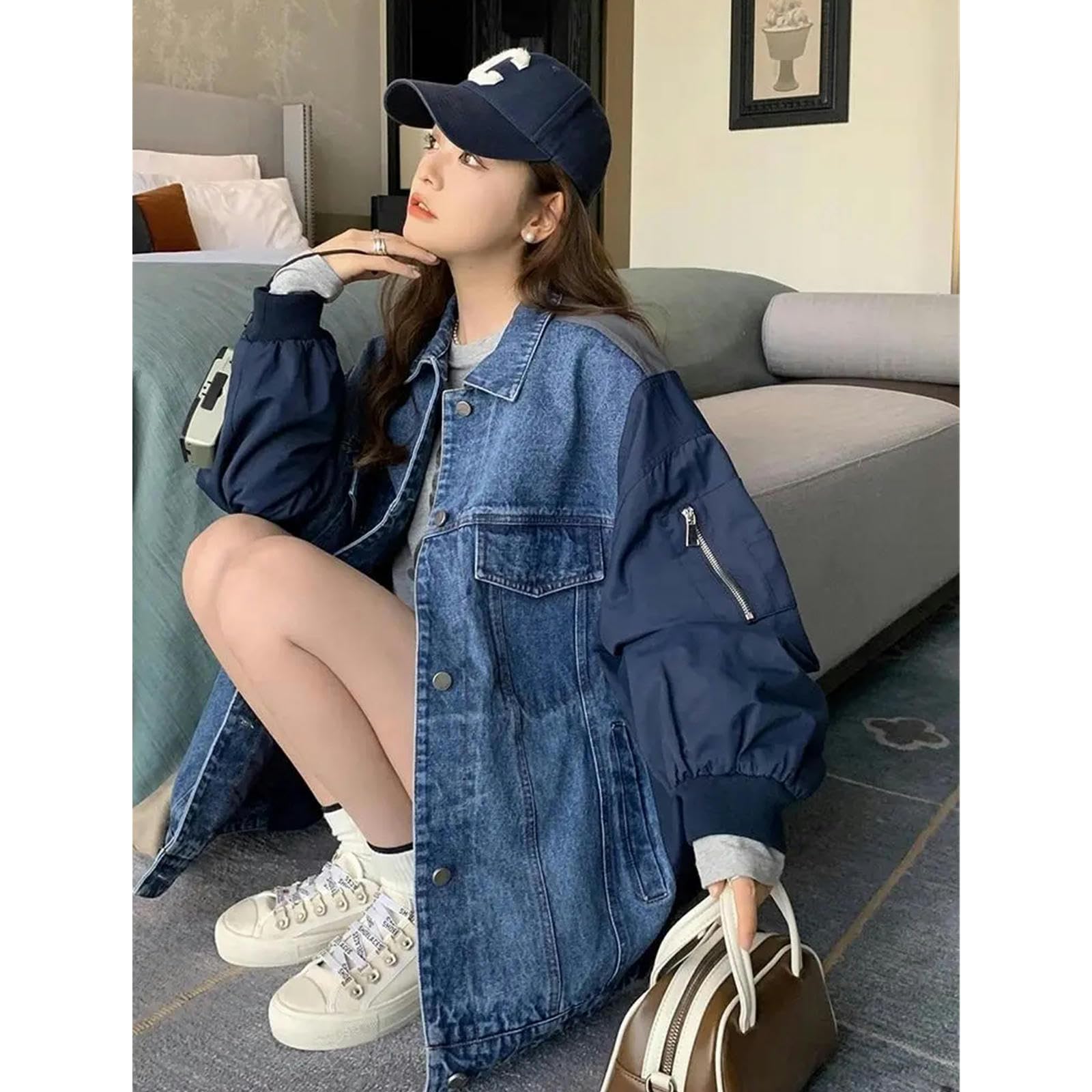 Giacca Uomo Giacca Patchwork in Denim per Giacche per Abbigliamento da Donna Autunno Primaverile Femminile per Donna Giacca di Jeans da Donna
