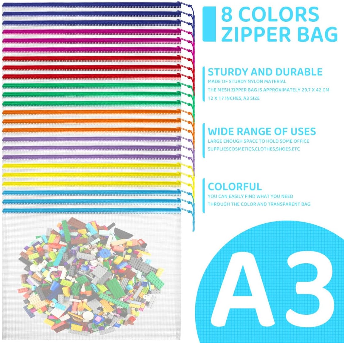 YOPCDJ 24pcs Mesh Zipper Pouch Bags, Large A3 17x12 Inches Reusable Zipper Bags Puzzle Storage 8 Colors Multipurpose for Board Games Travel Office Supplies and Home Organization