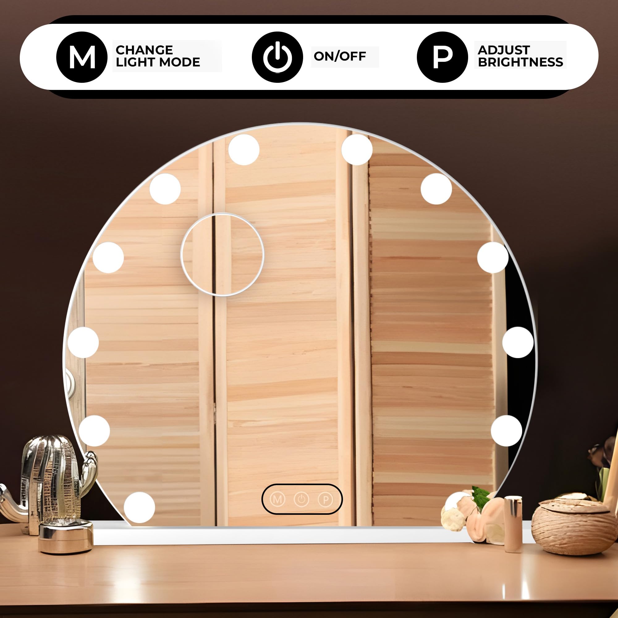 Bayt Hollywood - Espejo de maquillaje con iluminación LED, regulable, 3 modos de luz y 10 aumentos, gran espejo cosmético para tocador, 55 cm de diámetro, color blanco