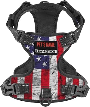 Custom No Pull Dog Harness, Personalized Vintage American Flag Dog Vest with Pet Name Phone Number, Customized Adjustable Reflective Pet Harness for Large Medium and Small Dogs Cats Outdoor Walking