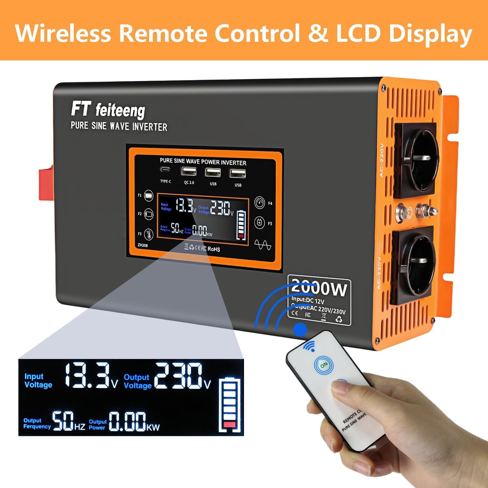 2000W/4000W Convertisseur 12V 220V Pur Sinus Onduleur,transformateur 12v 220v avec 2 Prises CA, Port USB, Télécommande, écran LCD, pour Les Systèmes Solaires, Voiture, Camping,Voyage Caravane