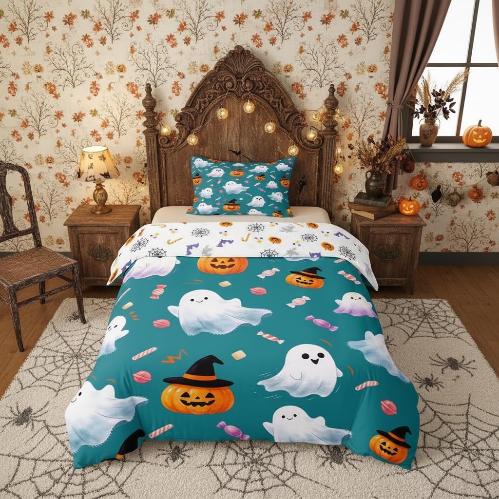 Parure de lit Halloween verte 135x200 cm anti-blanchiment motif citrouille