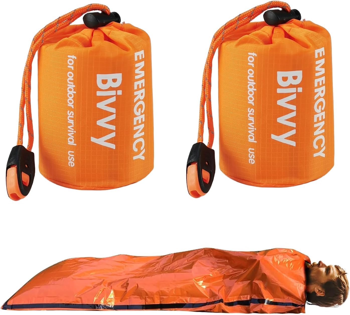 2 Pcs Emergency Sleeping Bag with 2 Pcs Reusable Survival Blanket, Lightweight Bivvy Bag with Survival Whistle, Shelter Blanket Bags, Thermal Bivy Sack for Camping, Hiking, Outdoor Use