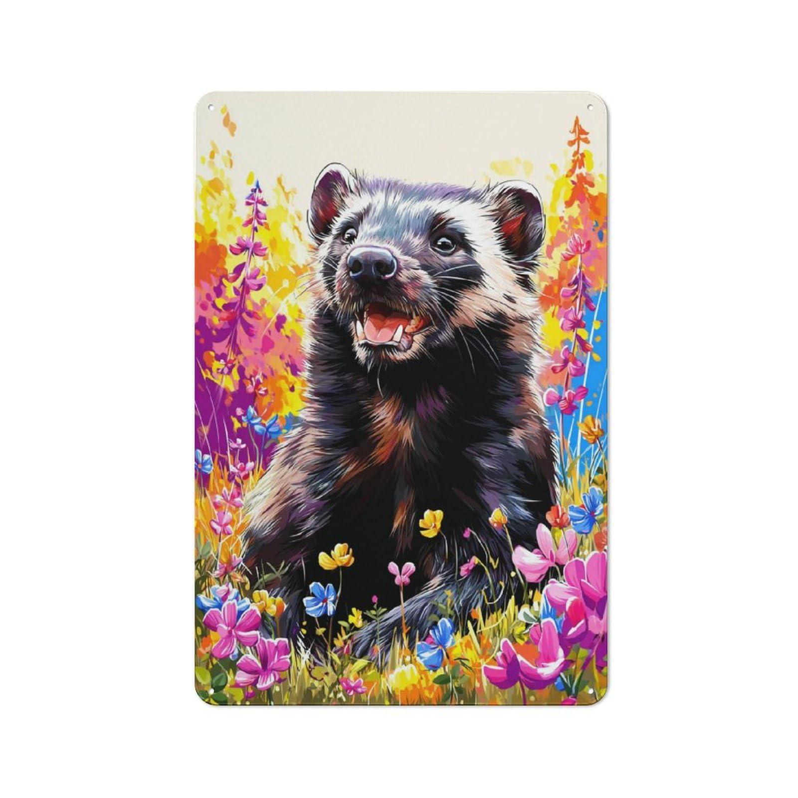 Junmoney Wildlife Art Ferret In Flowers Tin Wall Plaque 30X20cm With For Home Office Or Studio, For Home Office Decor Fans