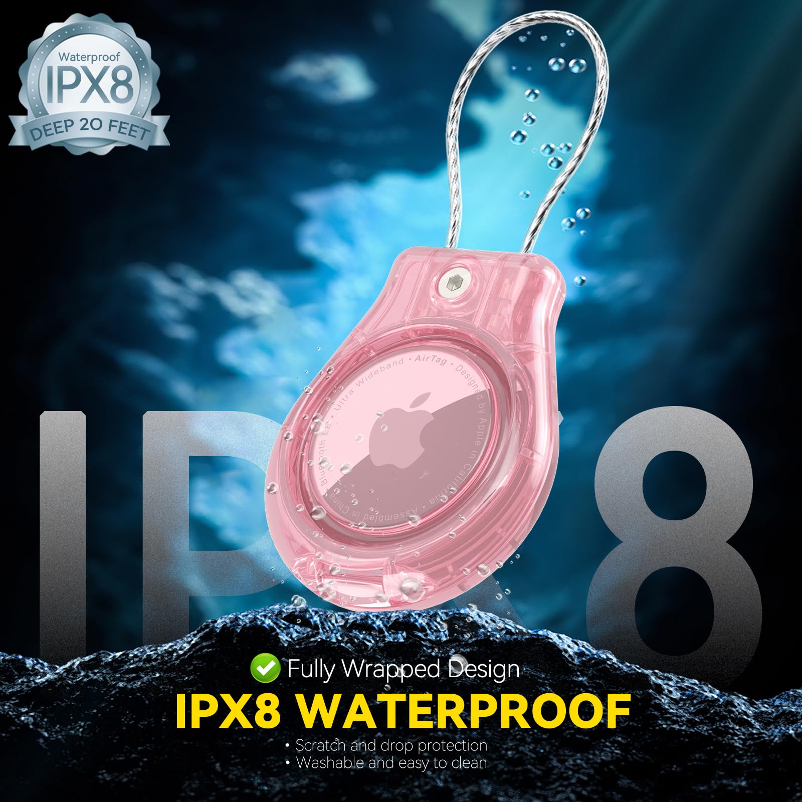 4 Pack IPX8 Waterproof AirTag Keychain Holder?Air tag Lock Case with Wire Cable Compatible with Apple AirTags,Ultra Durable Anti-Lost Lock Keychain Holder for Luggage(clear Pink+blue+green+purple)