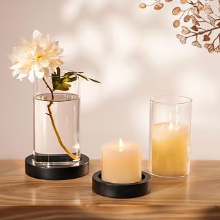 NUPTIO Wooden Candle Holders Pillar: Black Candle Tray with Round Hurricane Glass Vase - Set of 2 Cylinder Floating Candleholder for Home Halloween Thanksgiving Seasonal Decor