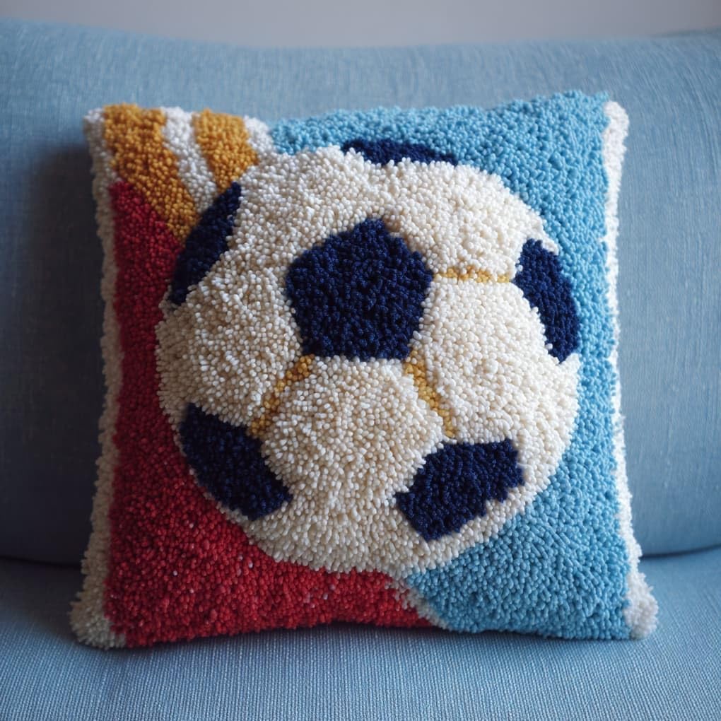 Henypt Latch Hook Pillow Making Kit 43x43cm,Football Printed Canvas Needlework Set,Relaxing Handmade Craft for Home Bedroom Decoration