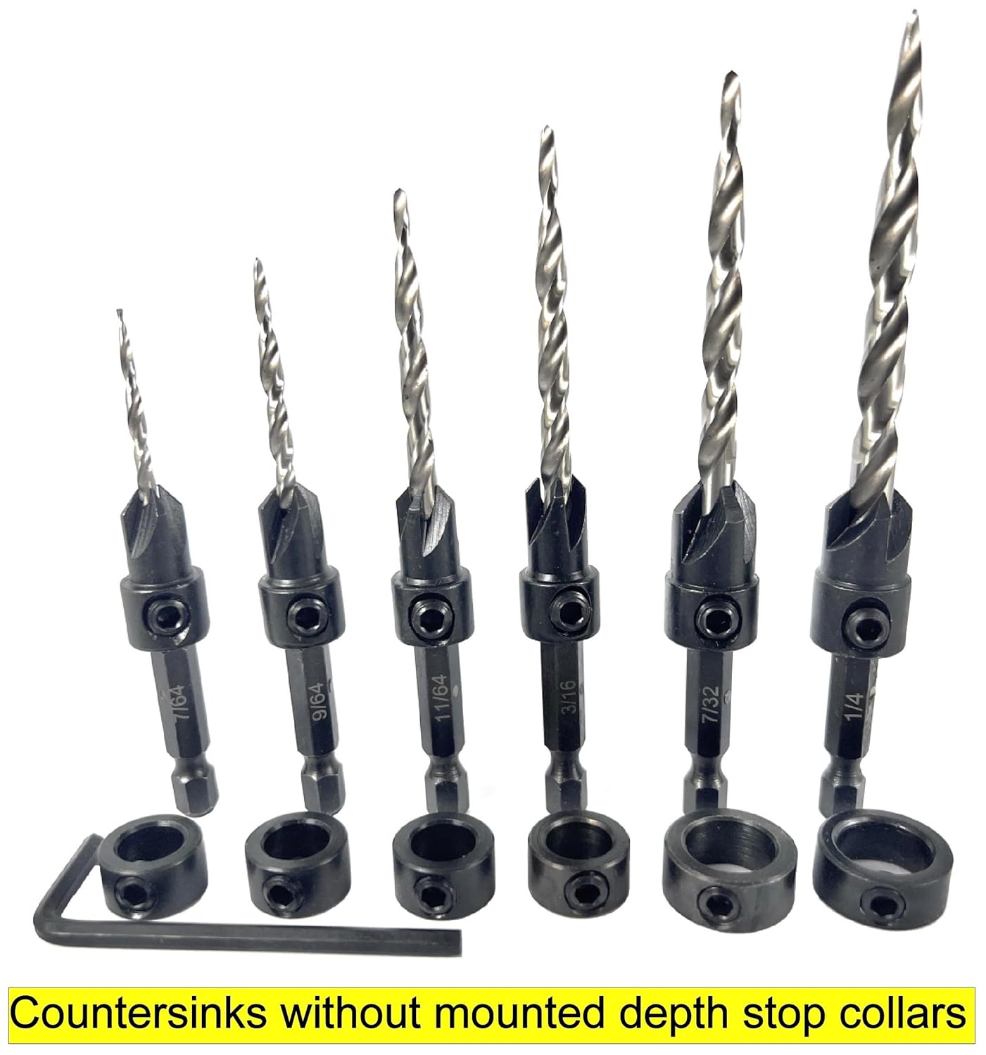 FTG USA Drill Bit Stop Collar Set for FTG Countersink Drill Bit Set 6 Pc All Same Size 3/8", 1 Pc 1/2", Allen Wrench 1/8" for Consistent Depth Drilling with Storage Container
