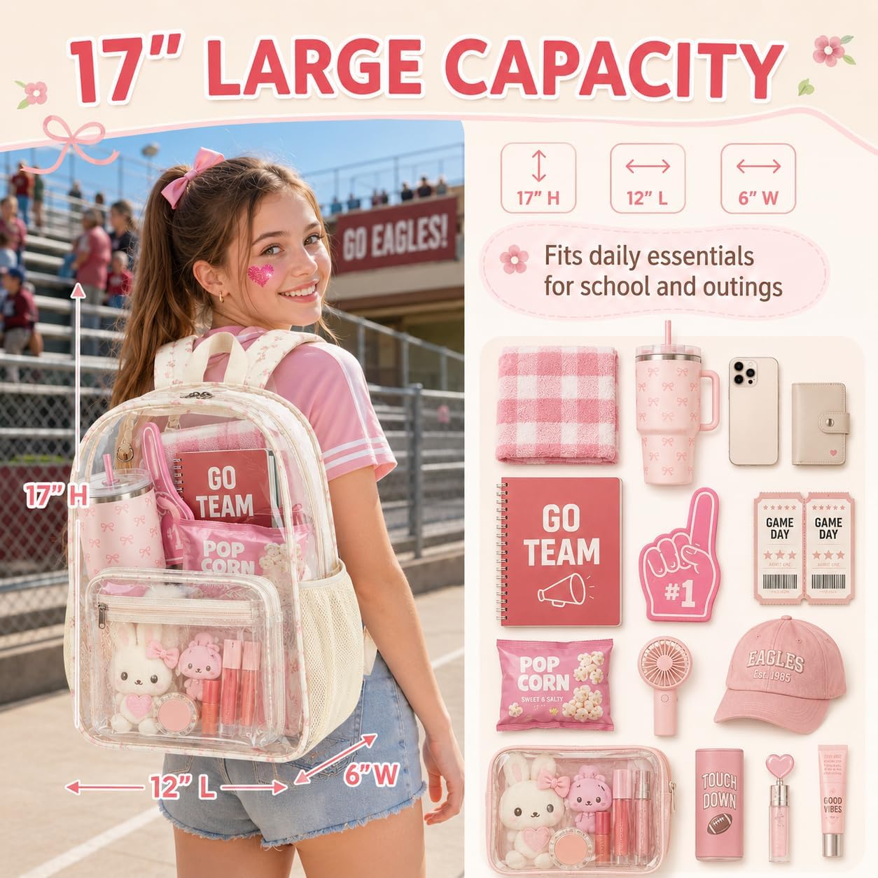 BTOOP Clear Backpack for Women, Large 16.5-Inch Transparent Backpack 6 Pockets and 40 oz Tumbler, Pink Bow Trim for College, Work and Travel image 4