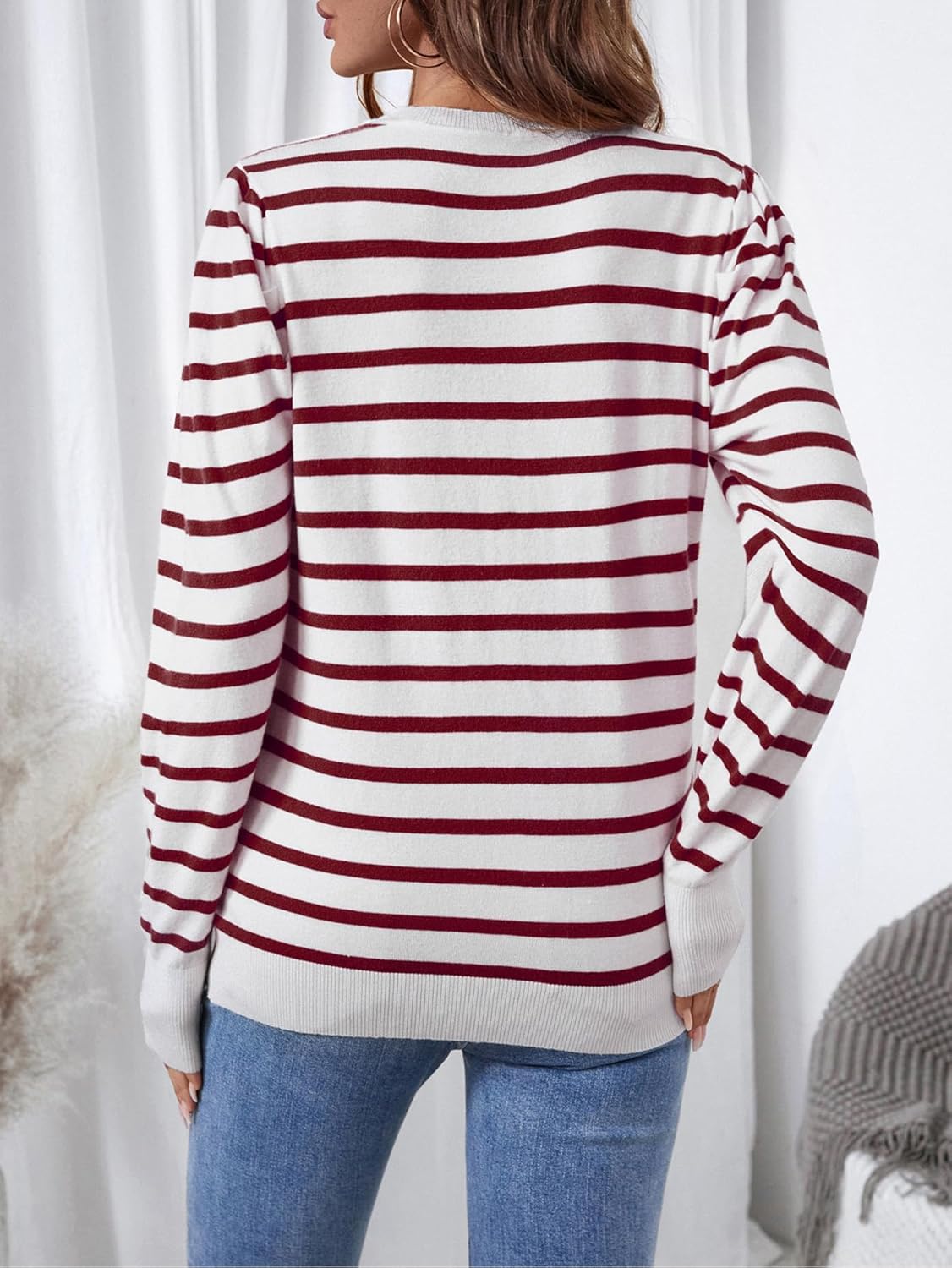 Womens Striped Sweater Fashion Puff Long Sleeve Knit Top Casual Crew Neck Pullover Sweaters - Image 4