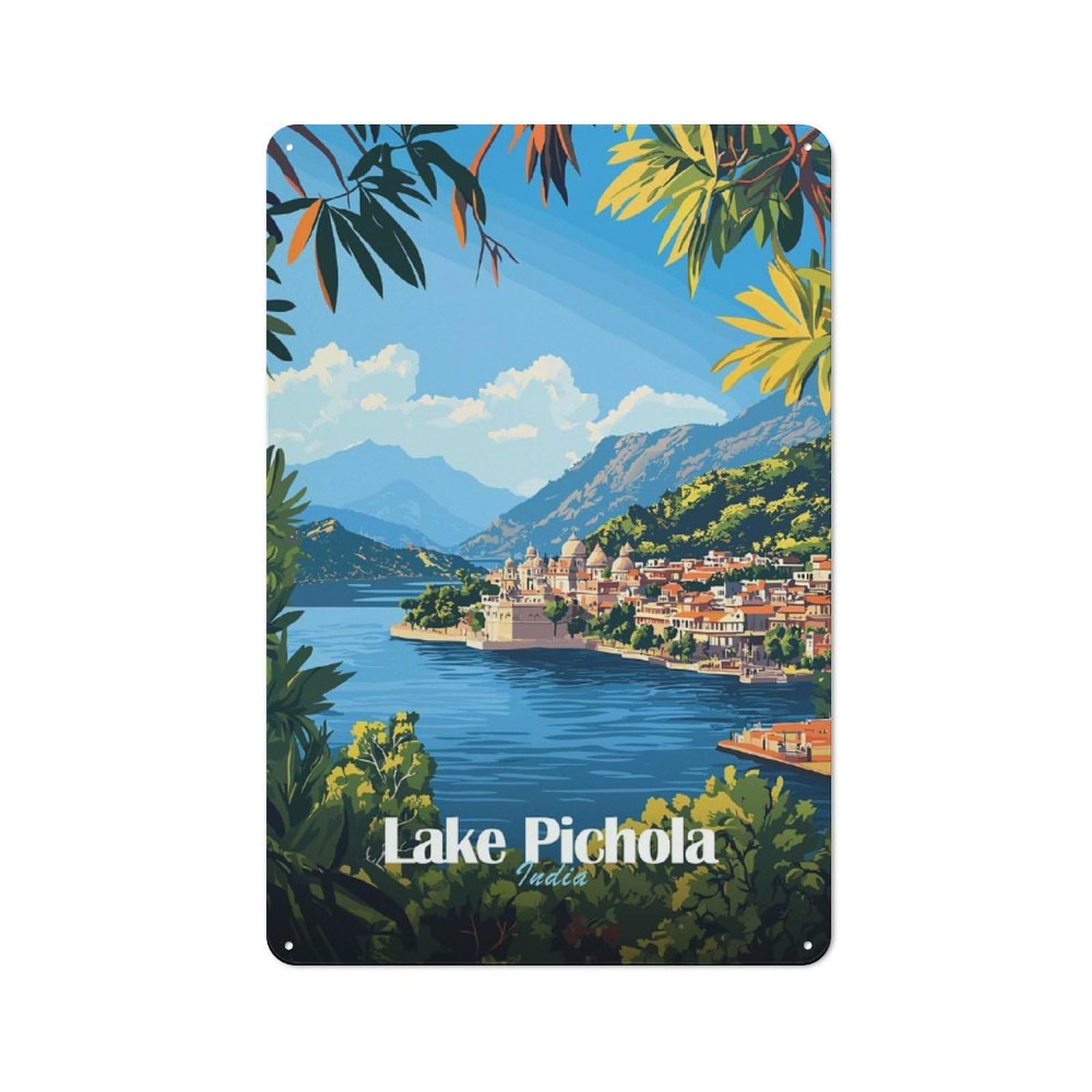 Junmoney Style-9 Rustic Tin Sign 30X20cm Featuring Lake Pichola, India For Garage Or Workshop, For Garage, Workshop And Man Cave Decoration