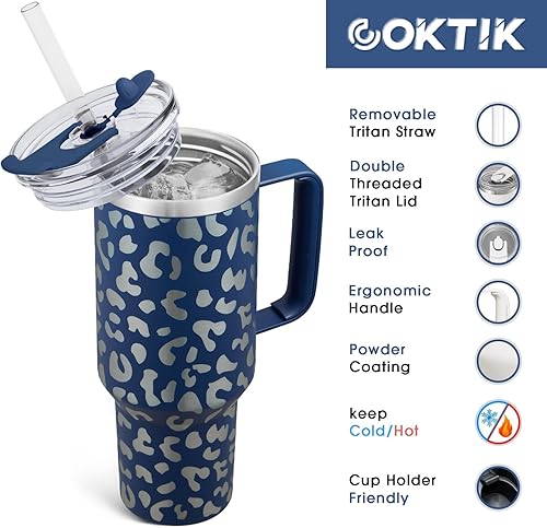 Miniatura 2 de COKTIK Vaso de 40 onzas con asa y tapa con popote, tapa 2 en 1 (con pajilla  abatible), vaso de viaje de acero inoxidable con aislamiento al vacío