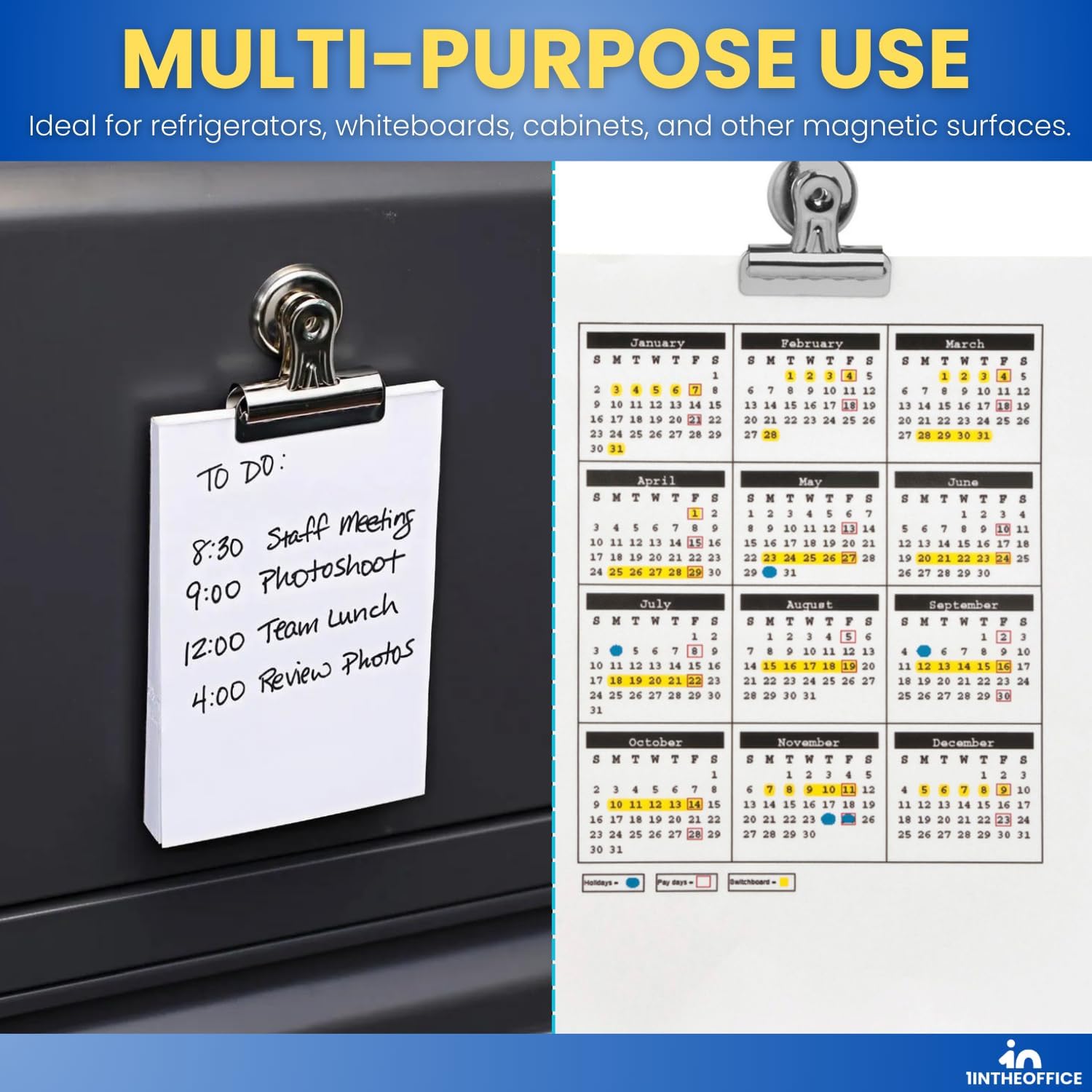 1InTheOffice Magnetic Clips for Refrigerator, Heavy Duty Refrigerator Bulldog Magnet Grip Clips, No. 2, 2.3" Width, 12 Pack, Silver - Image 6