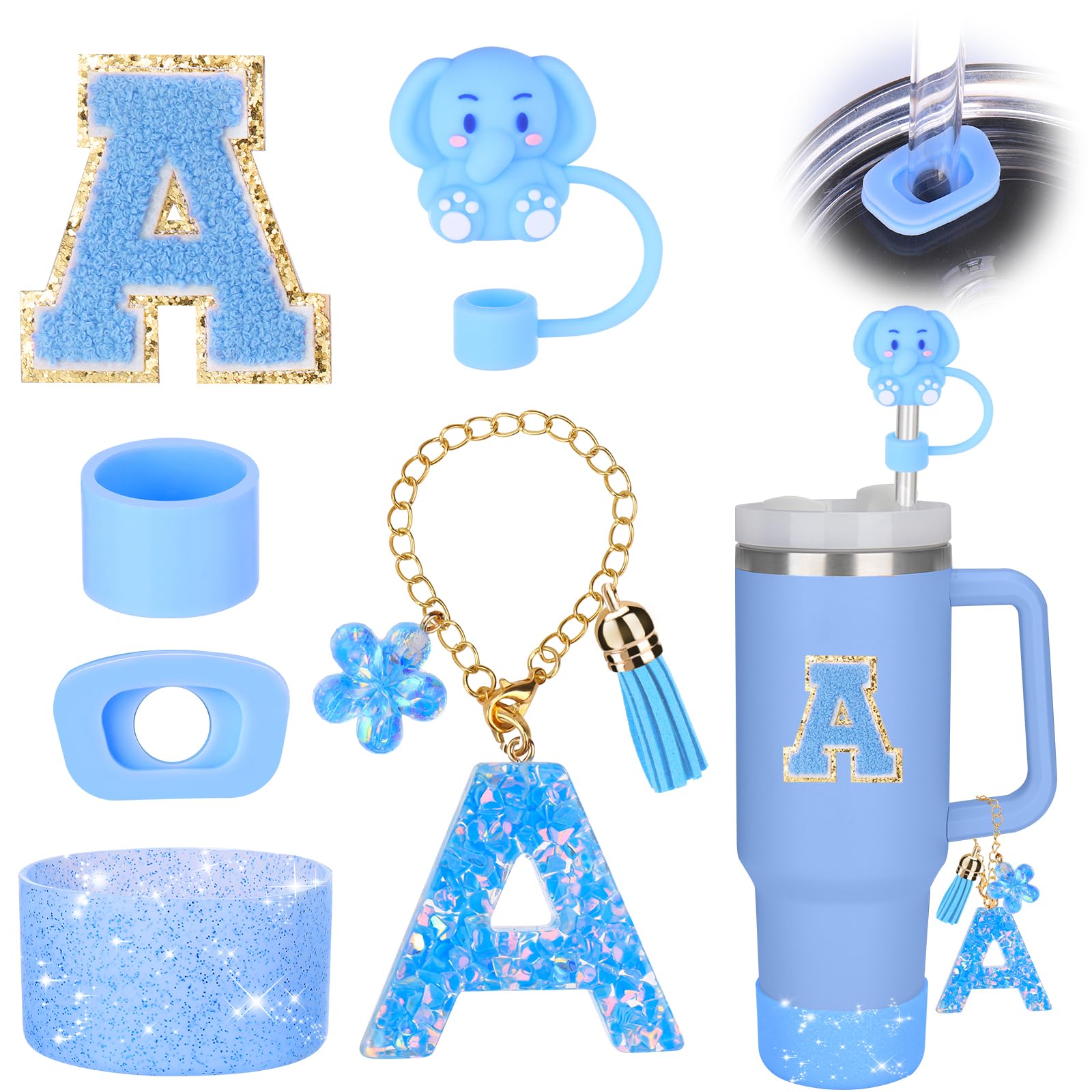 Mity rain Cup Accessories Set for stanley 30 oz 40 oz tumbler with handle, Including Initials Charms, Straw Cover Cap, Boot, Sticker, Silicone Spill Proof Stopper,Blue Decorate for Boy Girl (Letter A)
