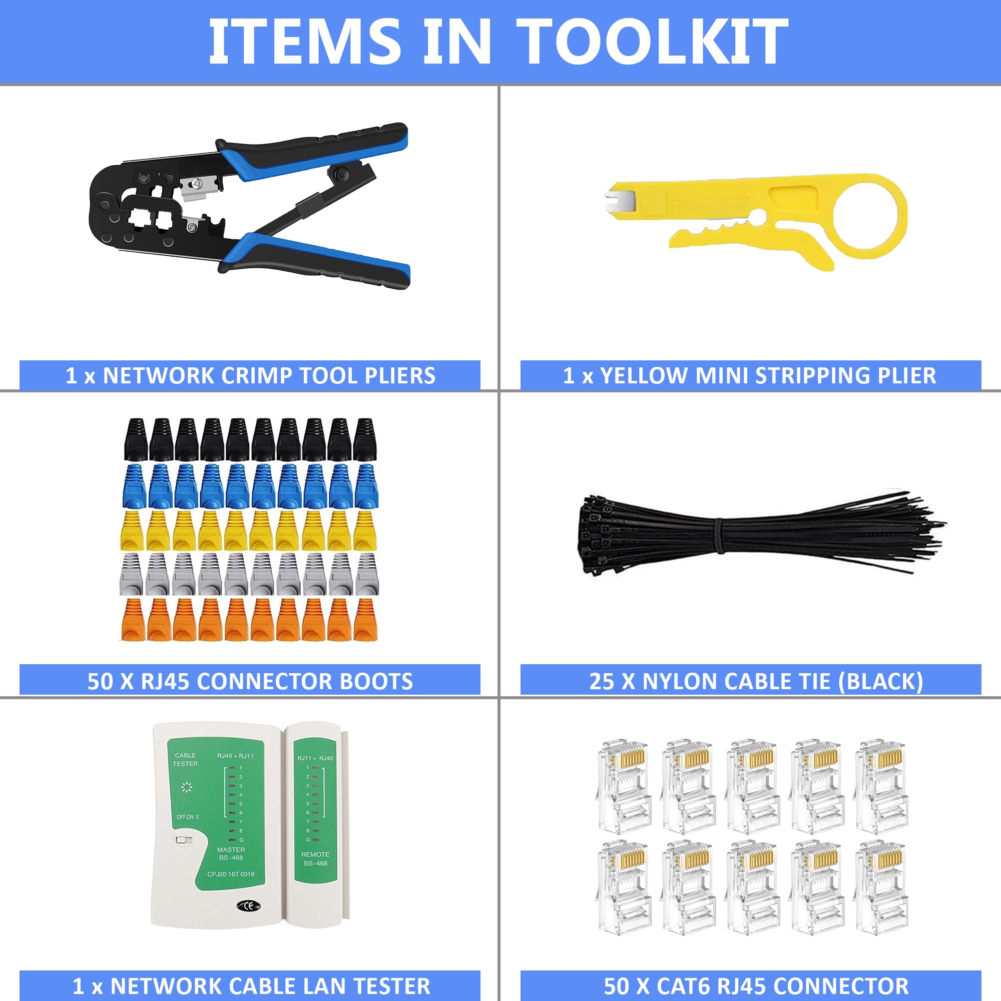 FEDUS RJ45 Crimping Tool Kit, Crimping Tool rj45 Crimping machine for Cat6A Cat5E Cat5 RJ45 Ethernet tool kit, 50PCS rj45 Connector & Boot Covers, Network Lan Tester, Cut and Strip Tool, 25 Cable Ties