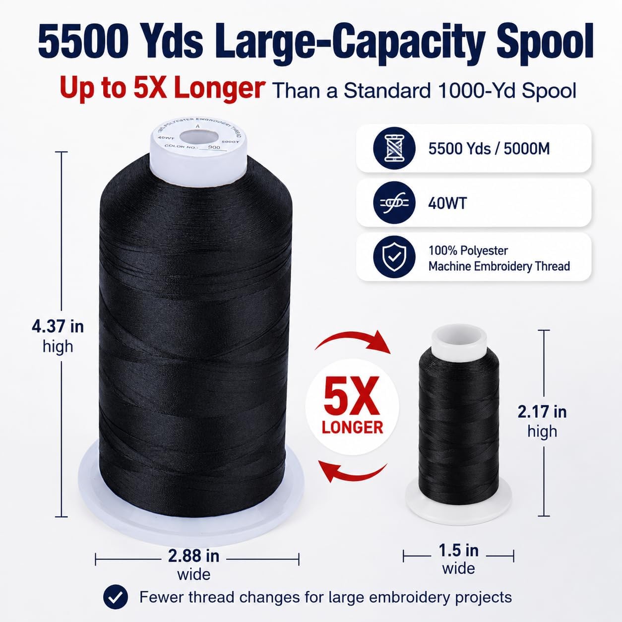 Simthread Embroidery Machine Thread 5000M 40WT Polyester, Black 900 | 5000M 40WT polyester thread feeds smoothly for home or commercial embroidery projects.
