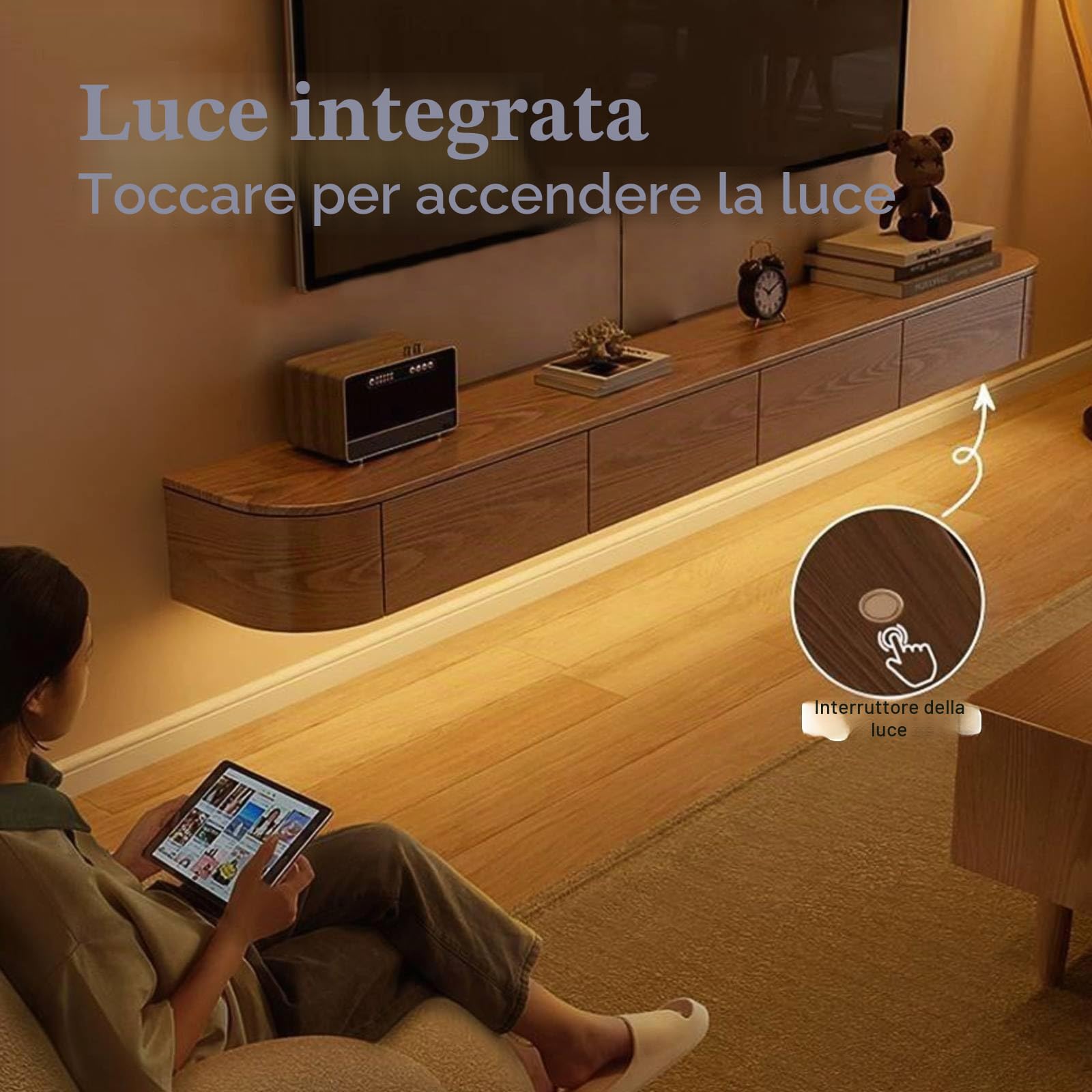 Mobile TV Sospeso con Luce LED – Mobile TV a Parete, Multimediale TV Moderna Legno massello-Noce 240CM