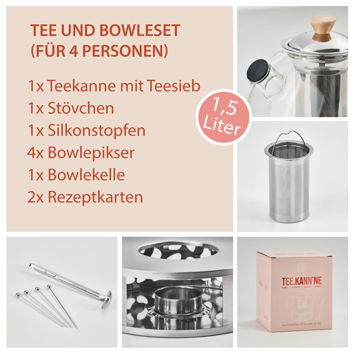 lieb&lecker - Teekanne mit Stövchen + Bowleset + Siebeinsatz - 1500ml Bowlegefäß aus Borosilikatglas, Inkl. Edelstahlkelle, 4x Pikser, Insektenschutz, 2x Rezepte - auch Cocktails + Punschgefäß