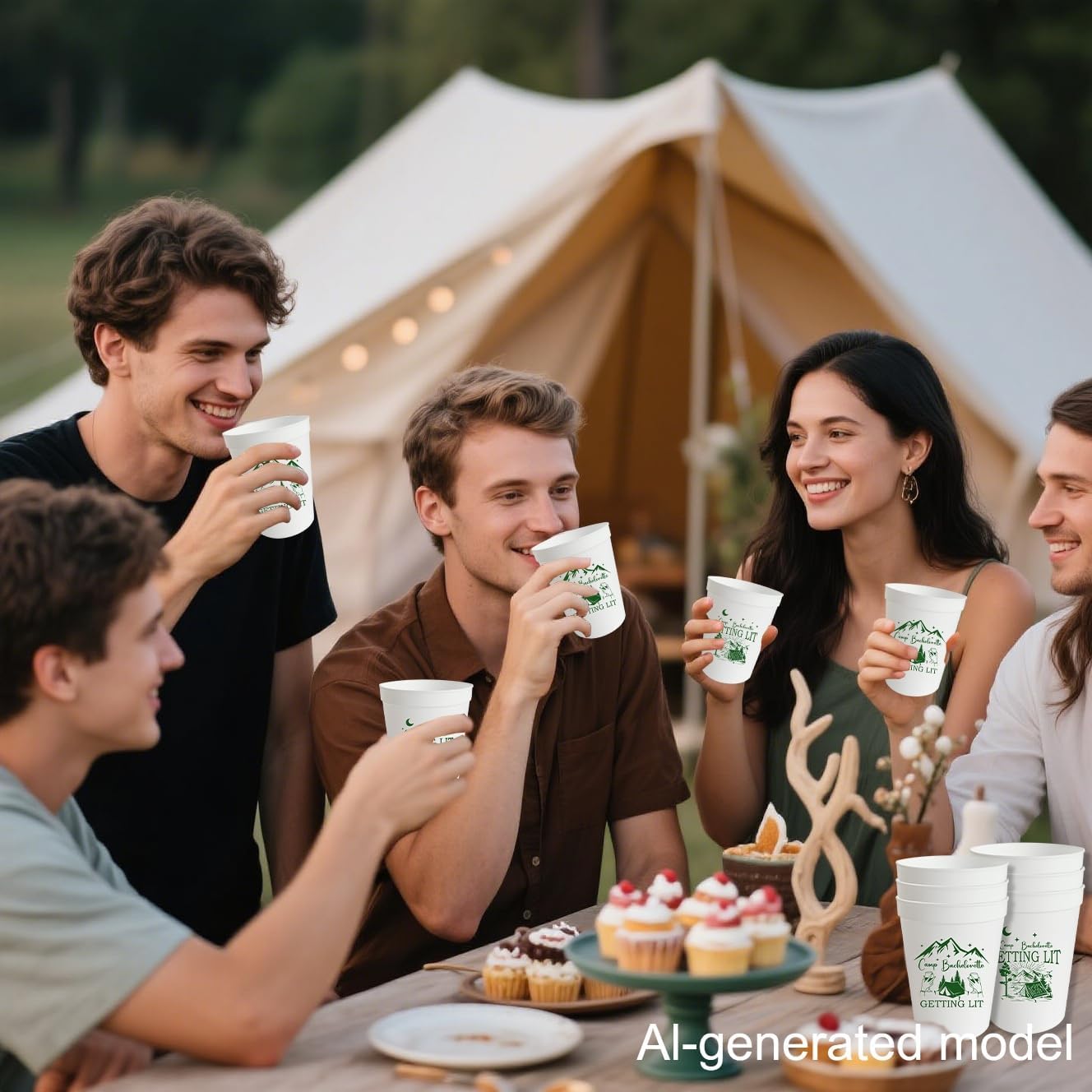Usumz 16oz Camp Bachelorette Plastic Cups 12Pcs Camping Stadium Birthday Bridal Shower Wedding Drinkware Green White