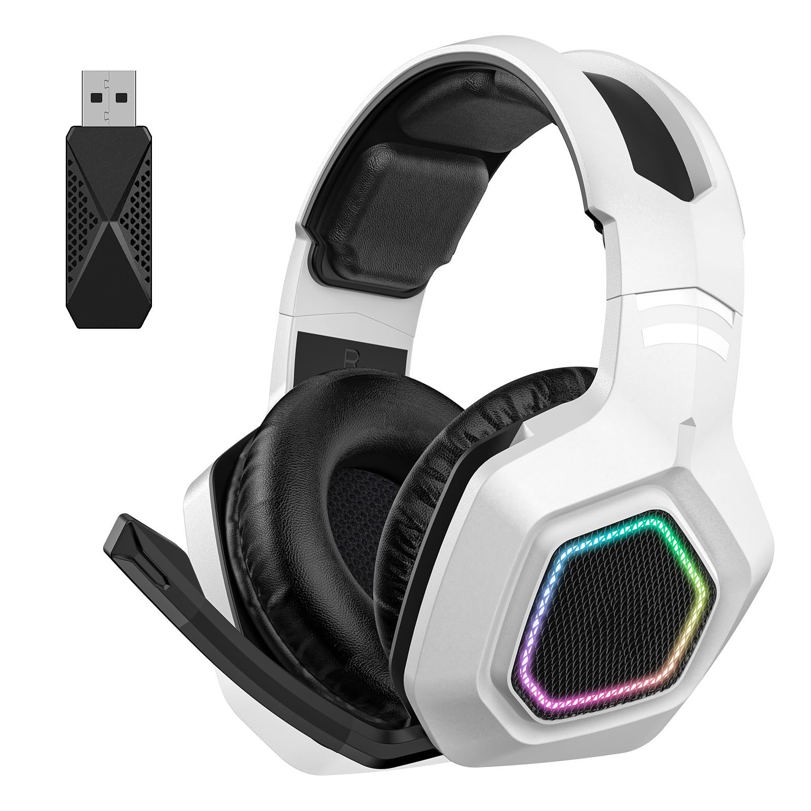 Drfeify Cuffie Wireless Gaming, 2.4Ghz per PC con Microfono e USB bianche, for Gamer, Streaming, Casual Users