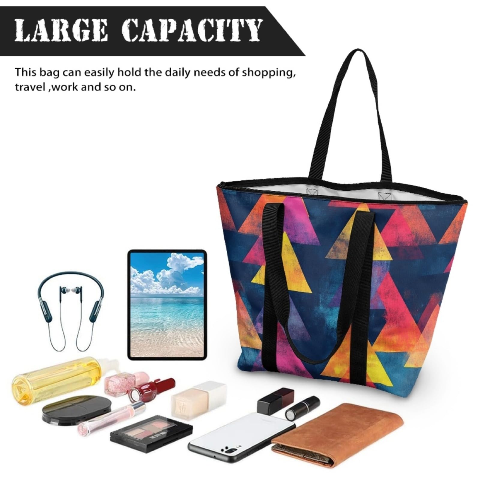 Tote Bag Tela Bolsa Tela Poliéster Bolsa Compra Plegable Bolso de Mano de Mujer Reutilizable Totebag Playa Cremallera Duradero Bolso Viaje