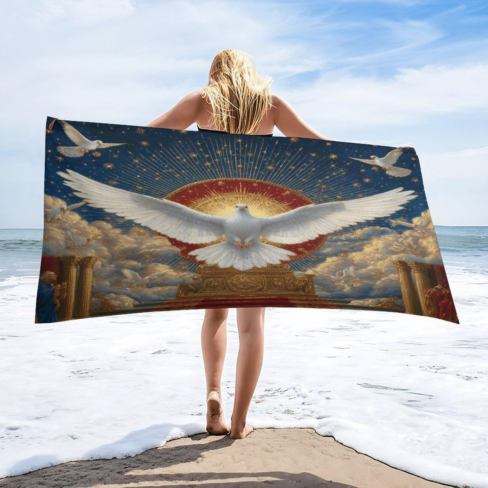 Luyysky Fantasy Colorful Bird Pigeons Quick-Drying Beach Towel, Retro Oil Painting Animal Bird Cloud Gold Star Pattern Travel Vacation Single Sided Pile Bathroom Towels-80 W Cm X 160" L Cm