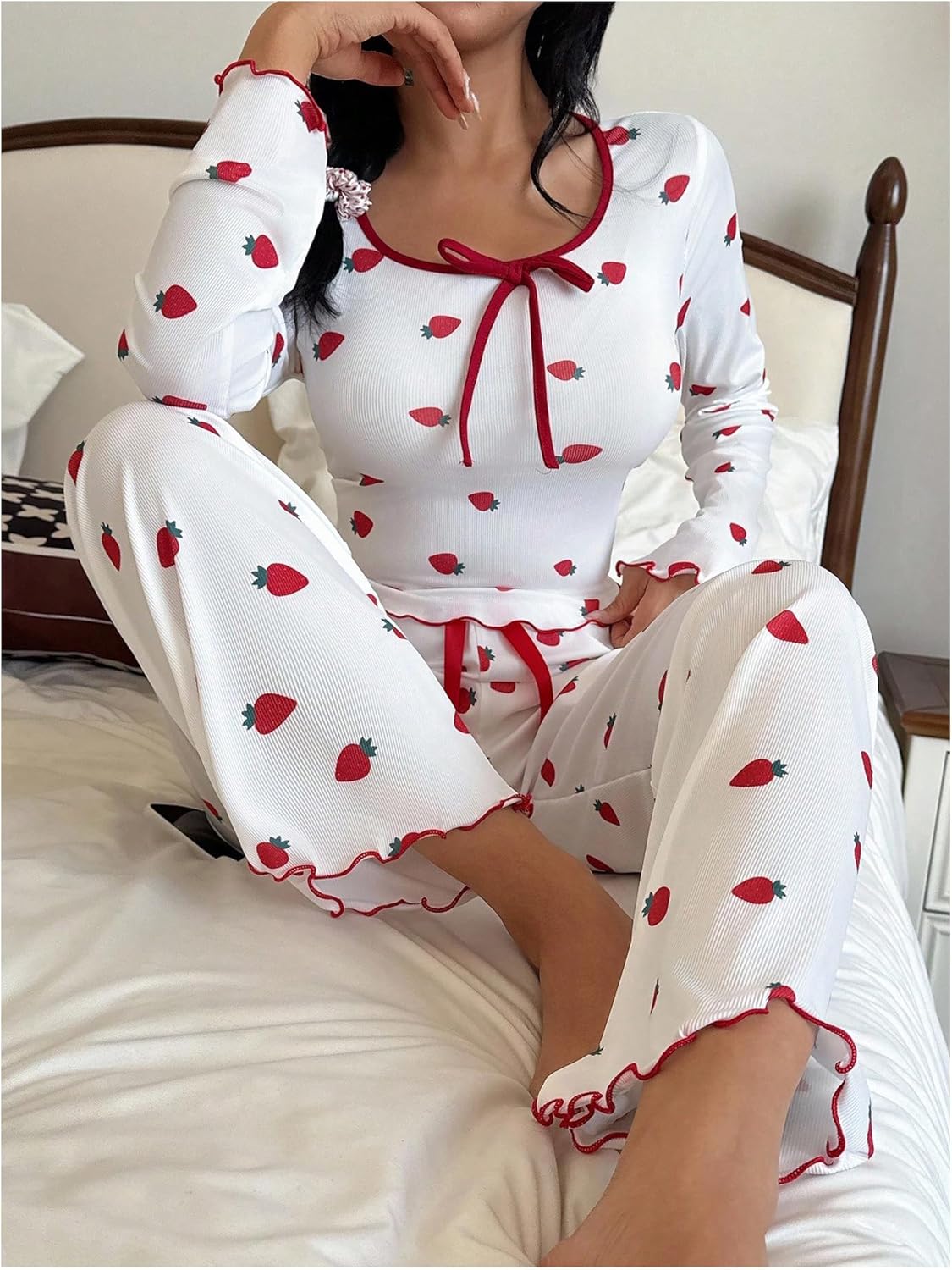 SHENHE Women's 2 Piece Pajama Set Long Sleeve Bow Top and Pants Strawberry Pjs Sleep Lounge Set - Image 4