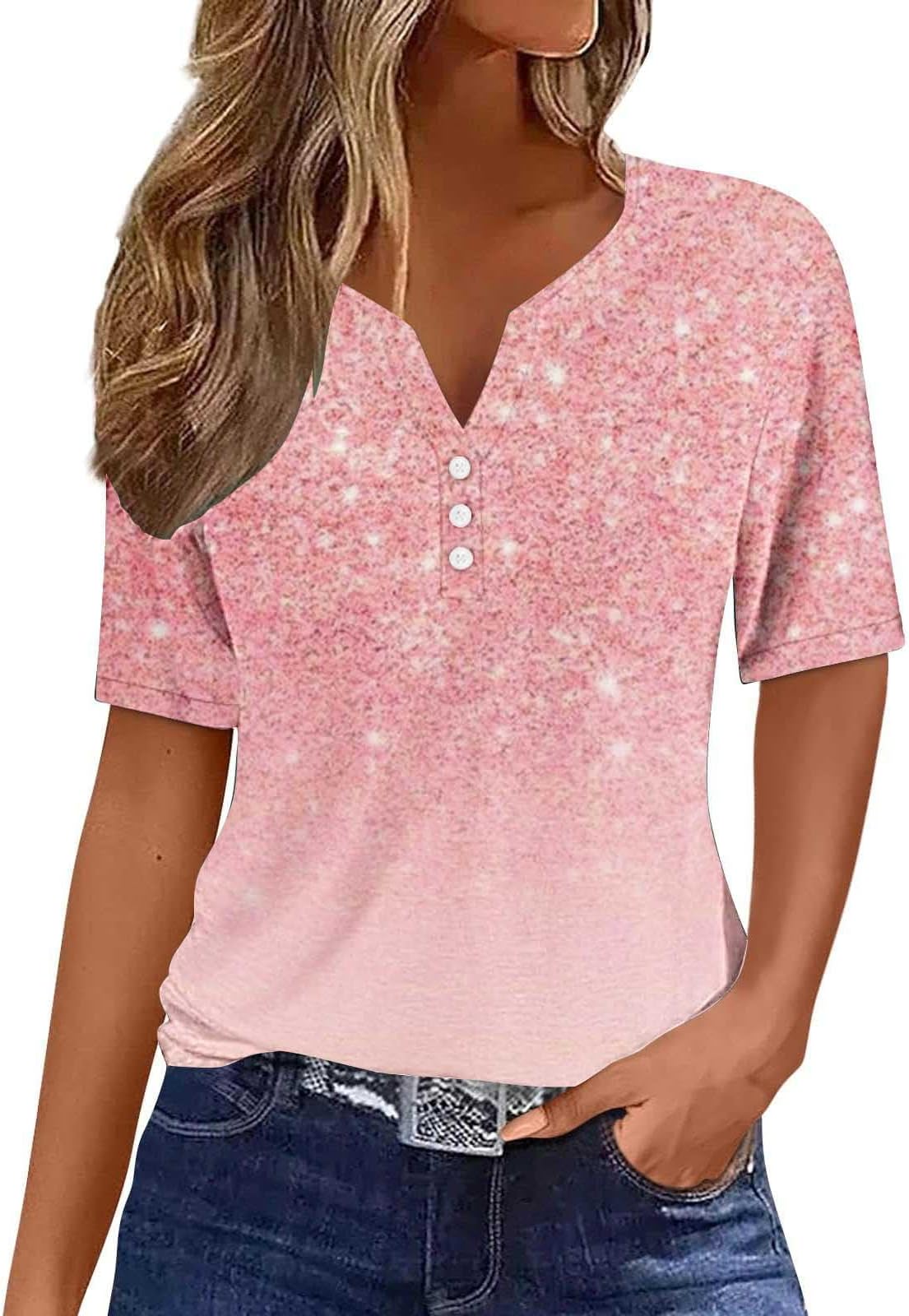 GenericCotton Tshirts for Women Loose Fit Short Sleeve Womens Summer Tops Flutter Sleeves Print V Neck Blouses &