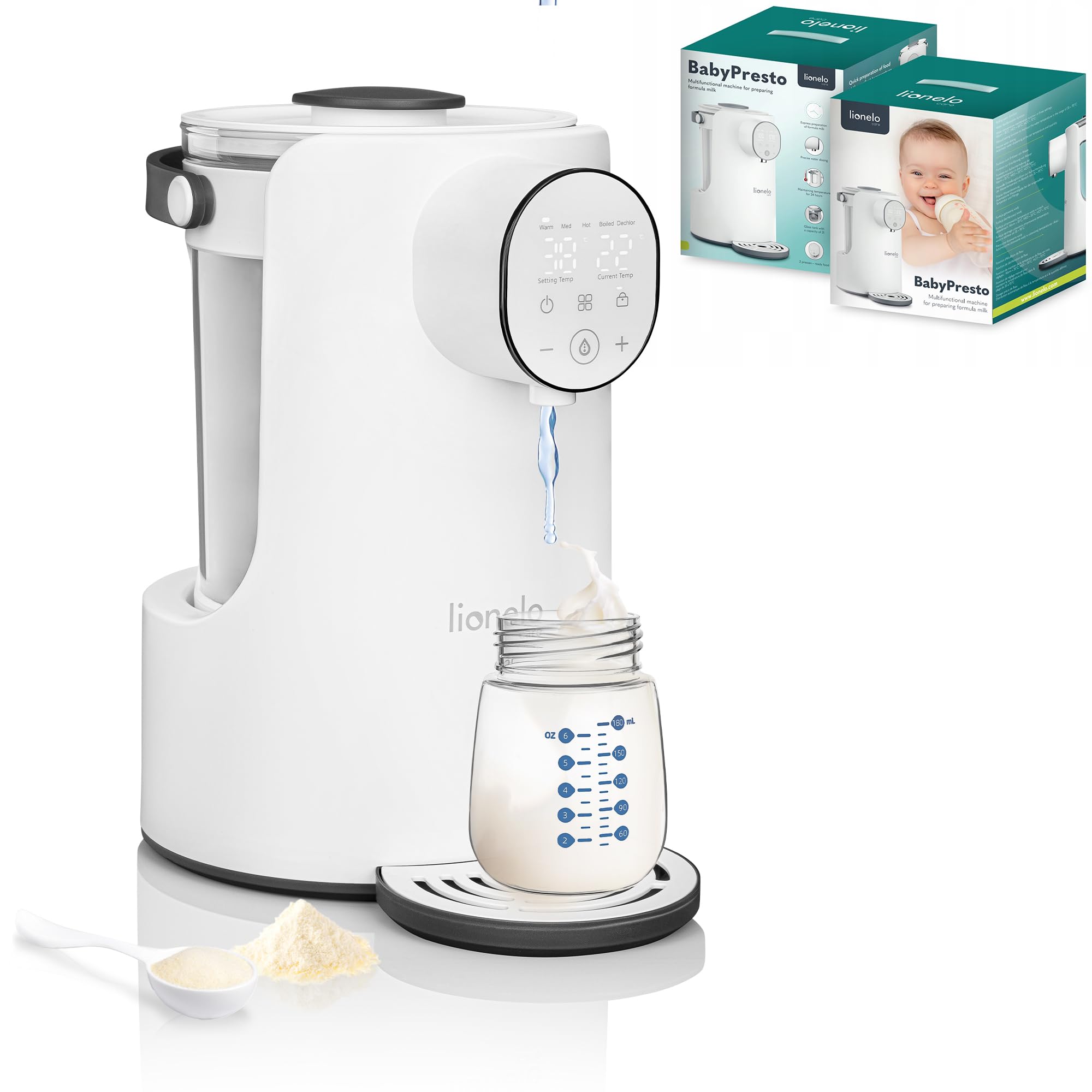 LIONELO BABYPRESTO Scaldal biberon. Bollitore Elettrico per Acqua 2 Litri Potenza 1000 W, Temperatura di Esercizio 35°-100°, Mantiene il Calore 24 ore Dosaggio Acqua 30-300 ml, Declorazione