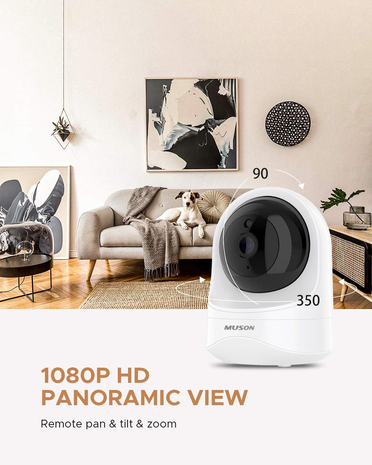 Muson camera in a living room setting, illustrating 350 degree pan and 90 degree tilt for a 1080p HD panoramic view.