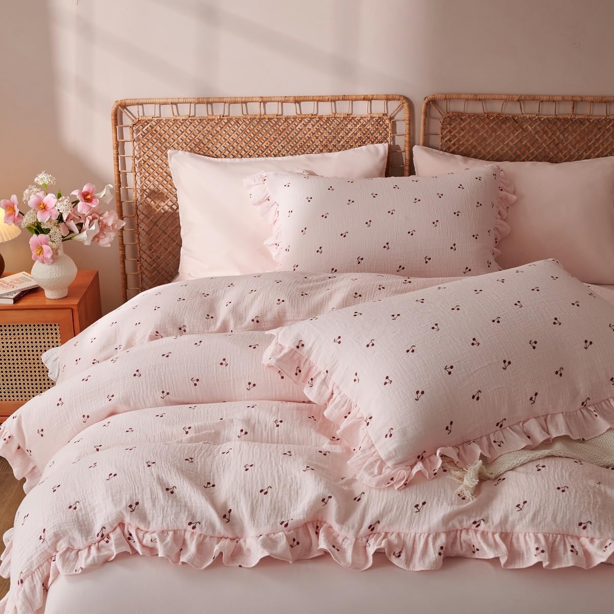 Sedefen Musselin Bettwäsche 220x240 Baumwolle Rosa Kirsche Mädchen Bettwäsche-Set mit Rüschen ÖKO-TEX Bettwäsche Musselin mit Reißverschluss, Bettbezug mit 2 Kissenbezüge 80x80 cm