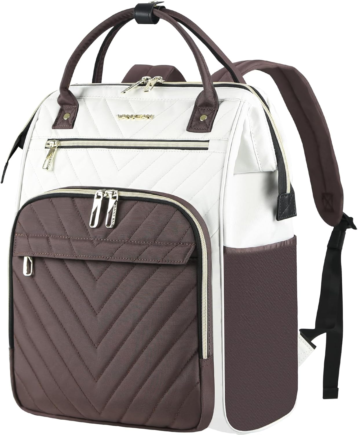 VANKEAN 17 Inch Laptop Backpack for Women Men Fashion Computer Work Bag, Large Capacity Waterproof Backpack with USB Port & RFID Pockets, College Daypack Business Travel, Beige-Coffee