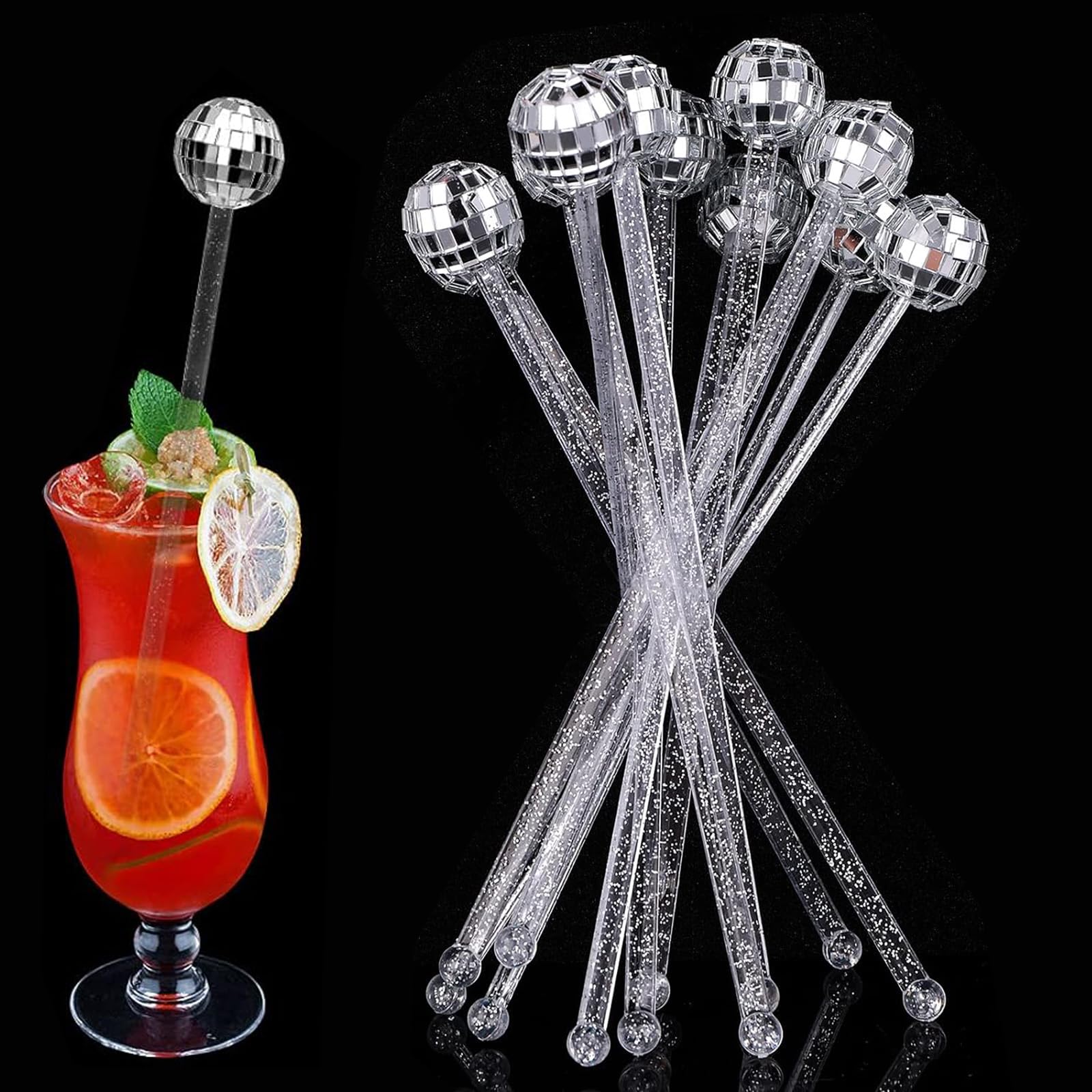 12 Pcs Cocktail Stirrers, Drink Stirrers Disco Ball Stirrers Round Top Swizzle Sticks Cocktail Accessories for Drinks Mirror Ball for Birthday Family Party Bar Cafe