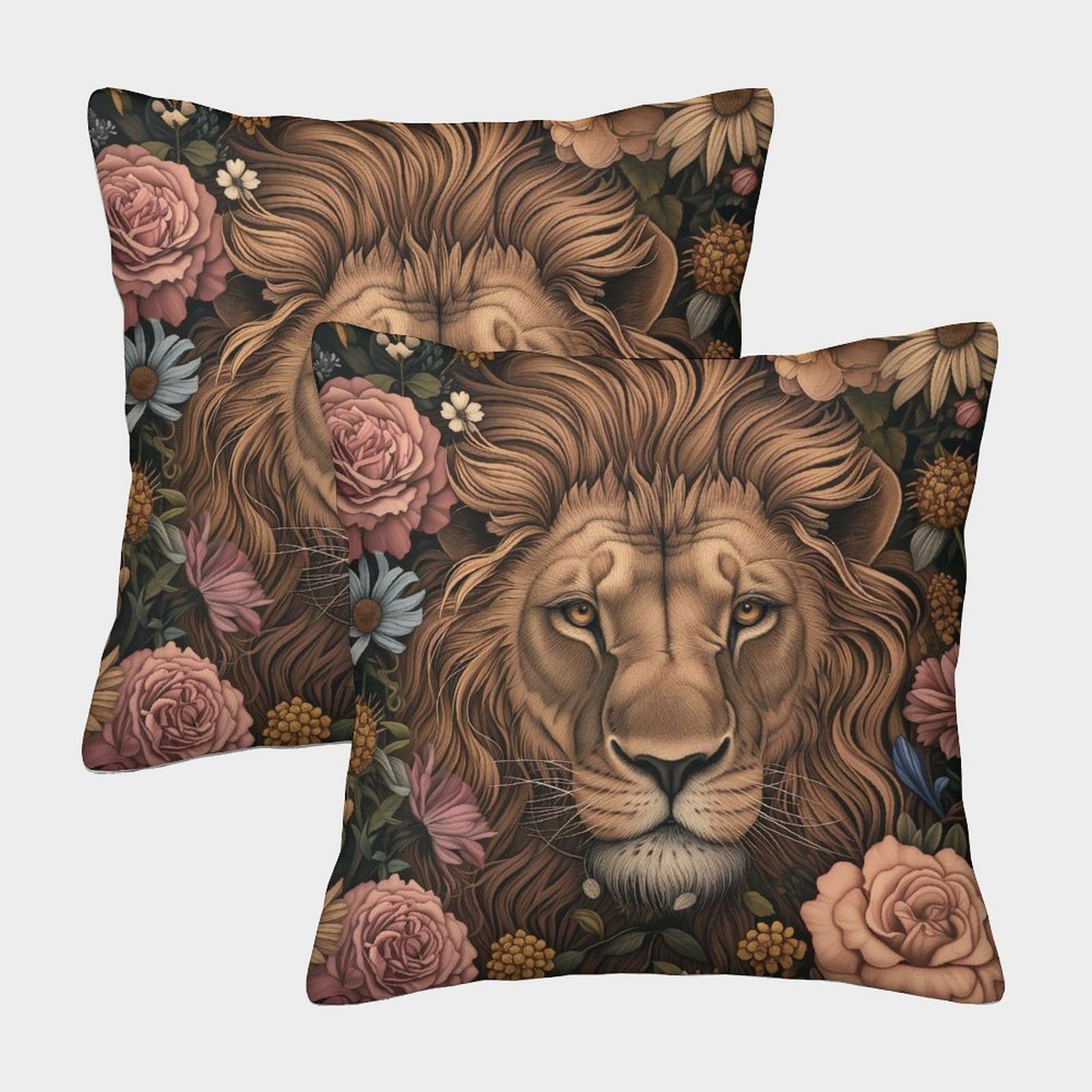 kaiyun 2 Pack Lion, Flowers Pillow Case Home Decoration Sofa Cushion Cover 40x40cm