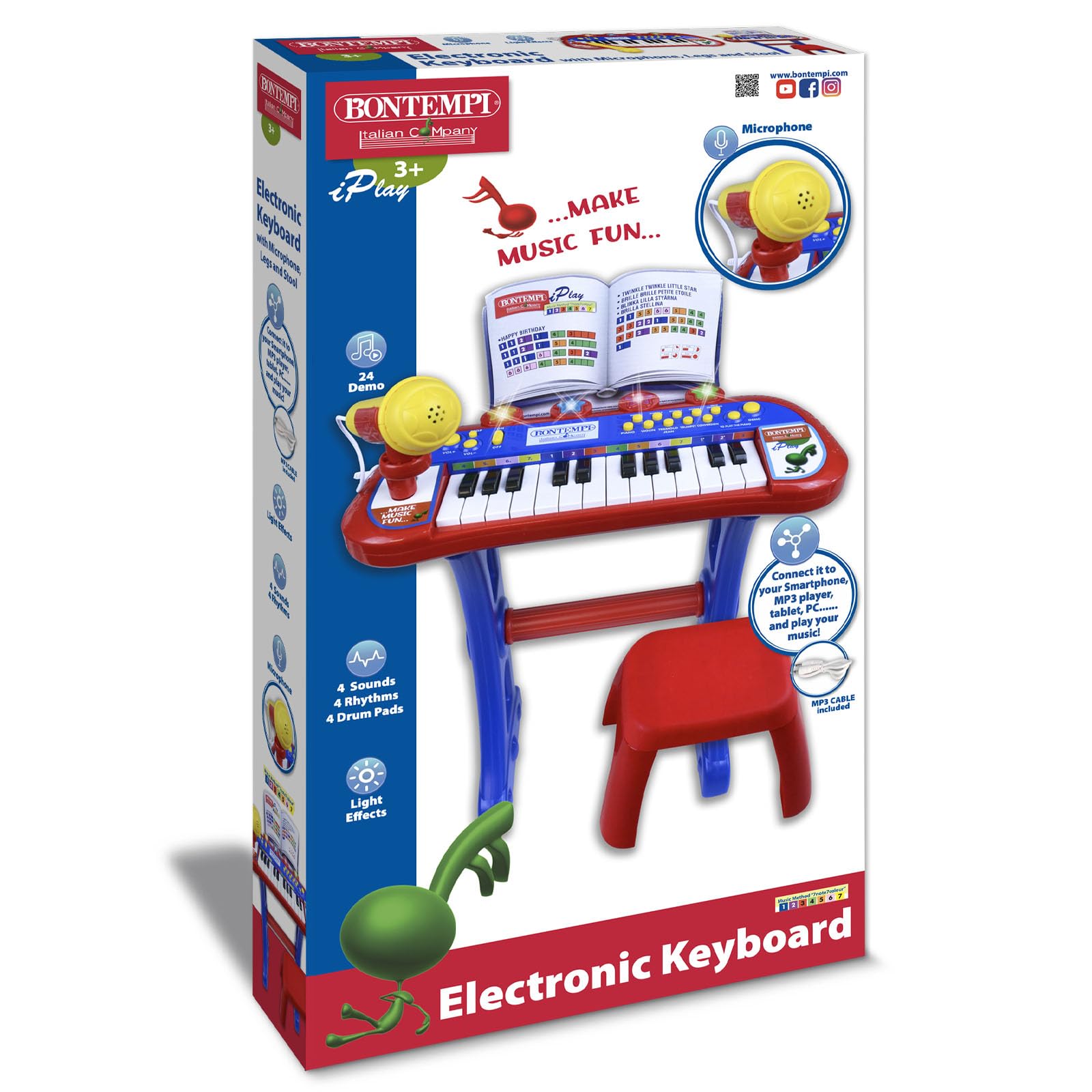 Bontempi | MiniKeyFun: Tastiera Giocattolo a 24 Tasti con Microfono e Sgabello per Piccoli Musicisti, 400x400x570 mm