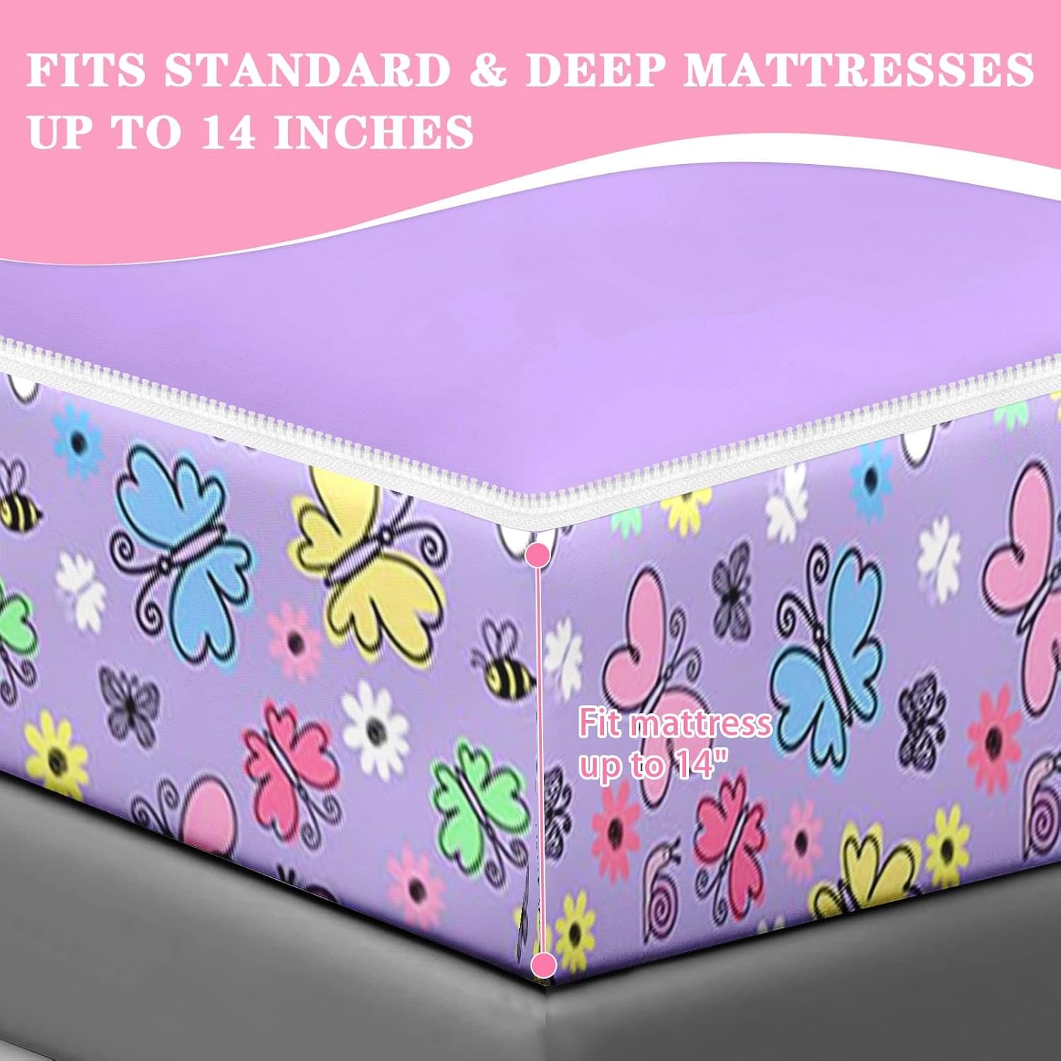 Nesker Zipper Bedding Twin Colorful Butterfly Zip Up Bedding Set for Girls and Kids, Cute Cartoon Flowers 3 Pcs Comforter Bed in a Bag with Fitted Sheet and 2 Pcs Pillowcases - Image 7