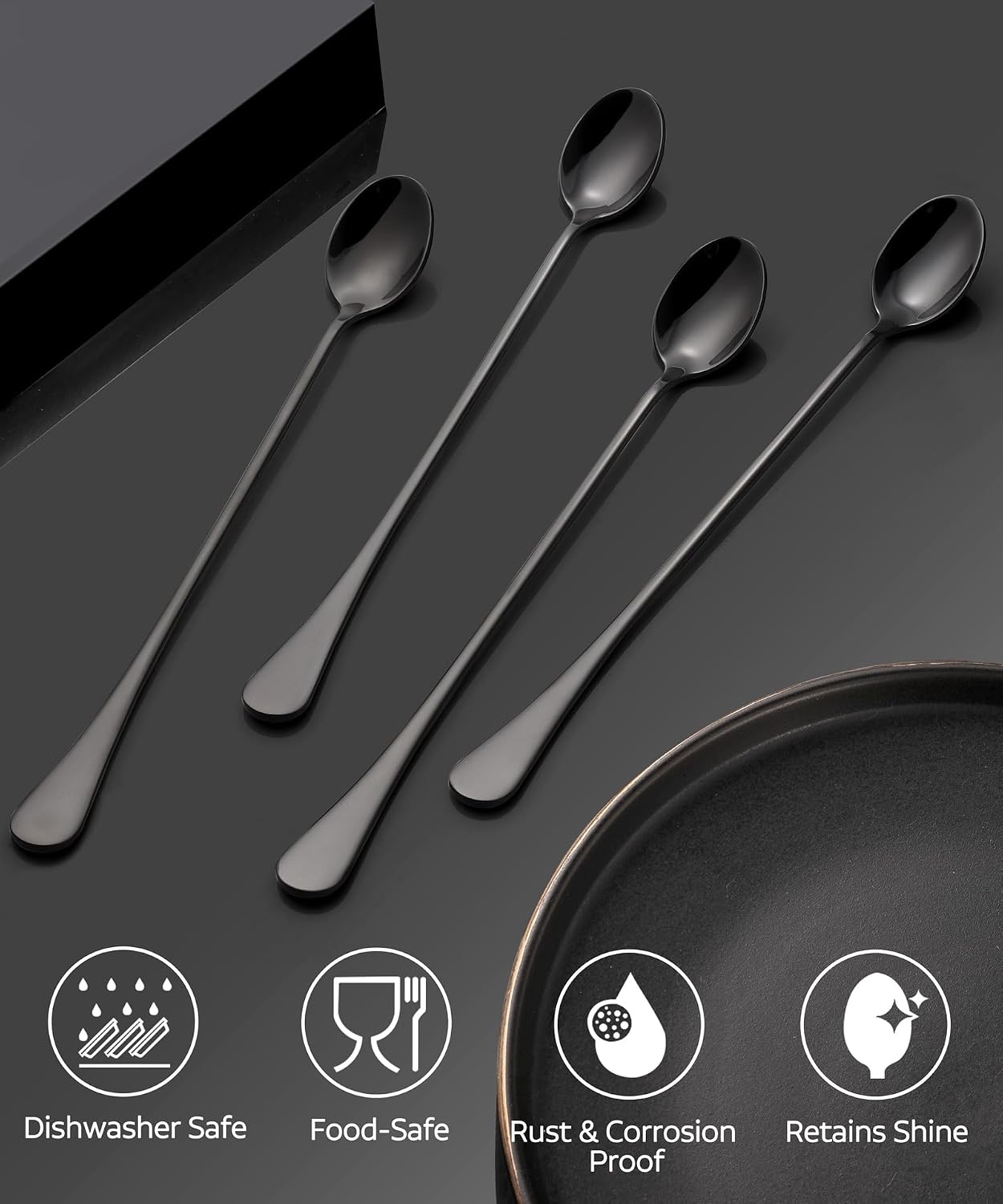 Lovingly Yours 9.5-Inch Long Handle Spoon, Ice Tea Spoons, Ice Cream Spoon, Stainless Steel Stirring Spoons, Set of 4, Black, 9.5InSpoon4Black