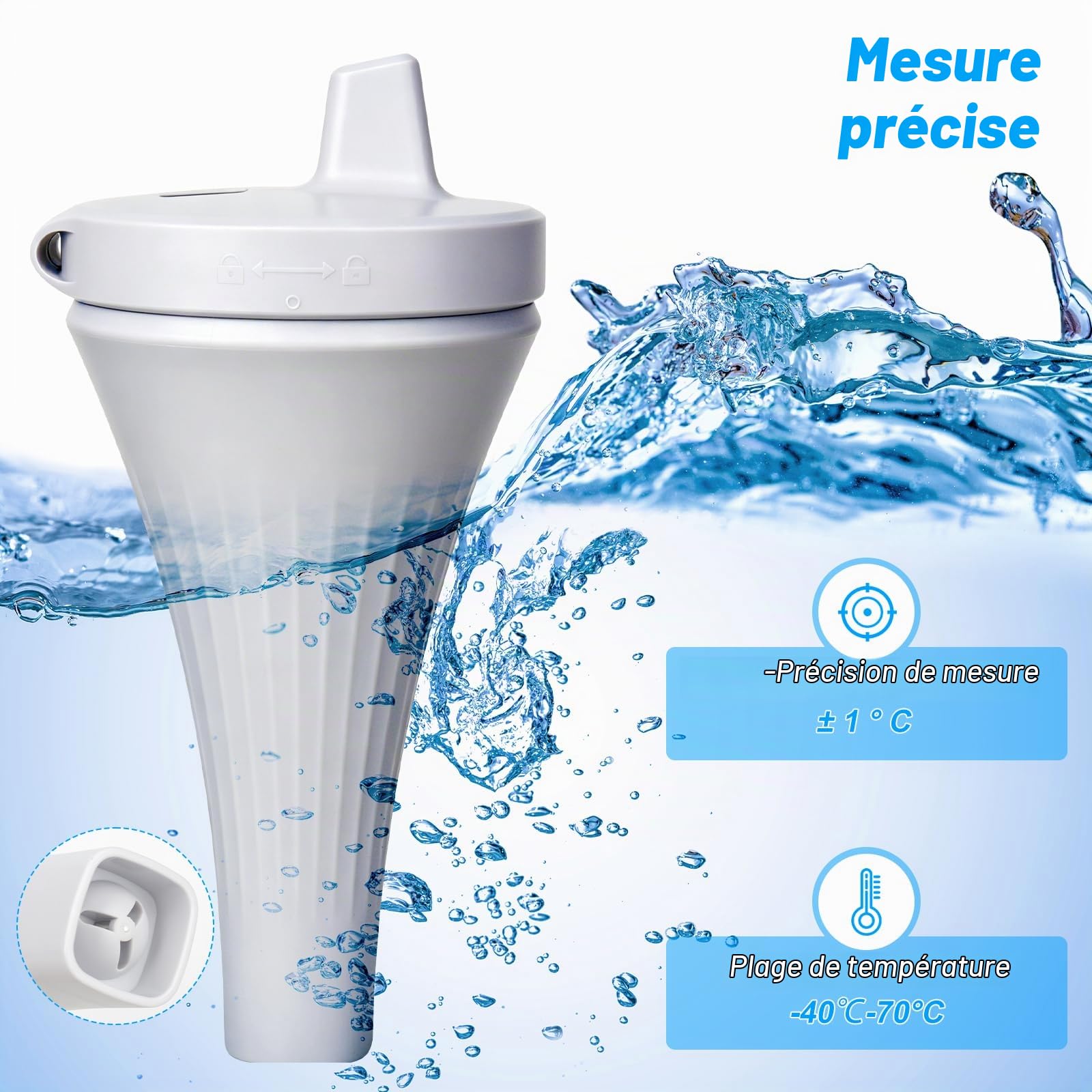Thermomètre Piscine Flottant, Thermomètre Pour Piscine, IP68, Thermometre de Piscine Sans Fil, Portée Jusqu'à 60 M,Thermometre De Bain Pour Aquarium,Spa, Jacuzzis