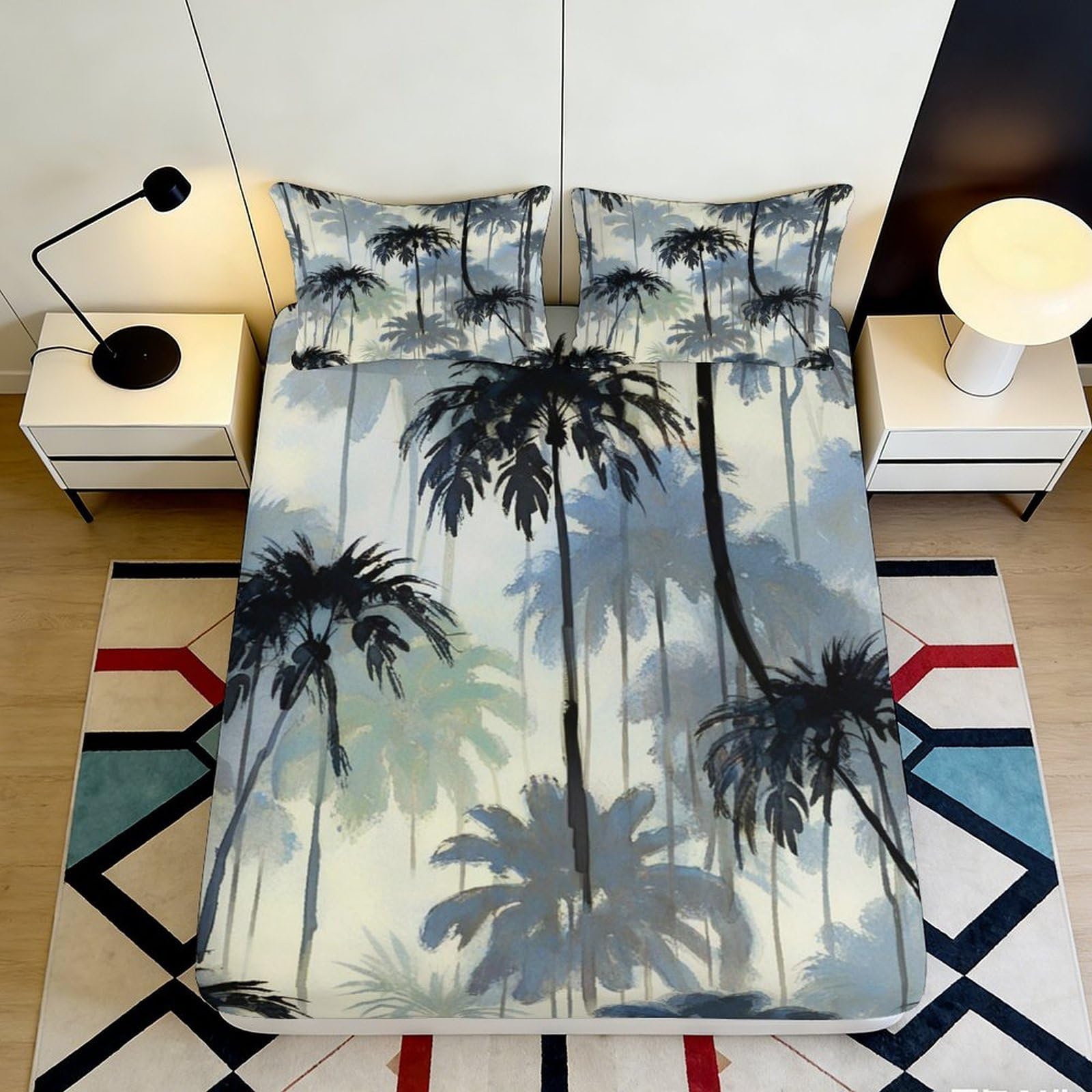 Uynsixtme Style-5 3D Printed Palm Tree Fitted Sheet Microfiber Bedroom Bedding Non-Slip Deep Pocket Palm Tree Mattress Fitted Cover Full Wrap Washable 200X200x25cm
