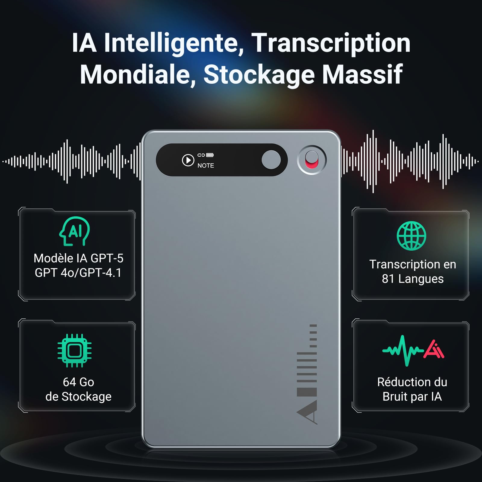 MECHEN KI Enregistreur Vocal Numérique 64 Go | Technologie IA pour Transcription et Résumé, Contrôle par Application, Cloud illimité, prend en charge 81 langues