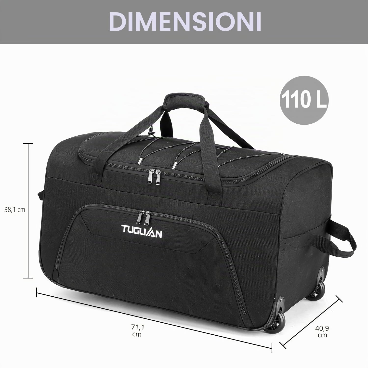 TUGUAN 110L Borsone da Viaggio Pieghevole con Ruote Grande XL Borsa Oxford con 2 Rotelle per Campeggio Traslochi Deposito Sport 28''/71 cm duffel bag, Nero