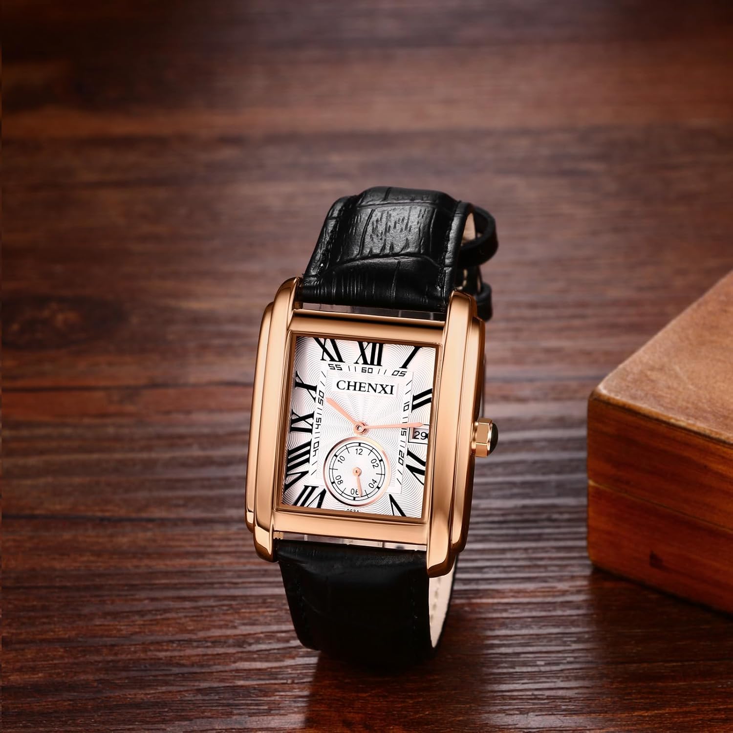 Avaner Men's Square Watches Vintage Leather Analog Quartz Dress Wristwatch with Calendar - Image 4