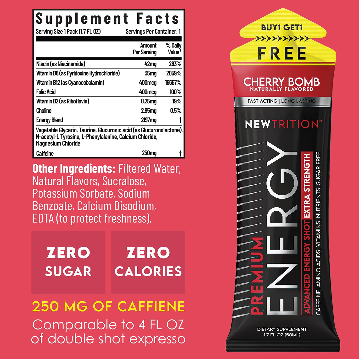 NewTrition® Extra Strength Energy Shots, 1.7 fl oz - 250mg Caffeine with Vitamin B & Amino Acids, Sugar-Free, Zero Calorie Vitamin Energy Drink for Focus & Endurance (Pack of 6, Cherry Bomb) - Image 2
