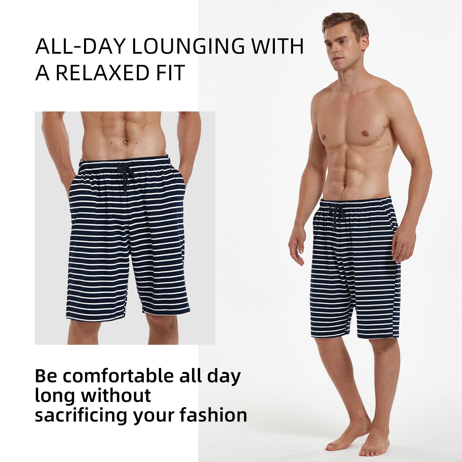 HomyComy Herren 2er-Pack Schlafshorts Gestrickte Schlafanzughose Pyjamahose kurz Baumwolle Lounge-Hose Nachthose Freizeithose mit Taschen