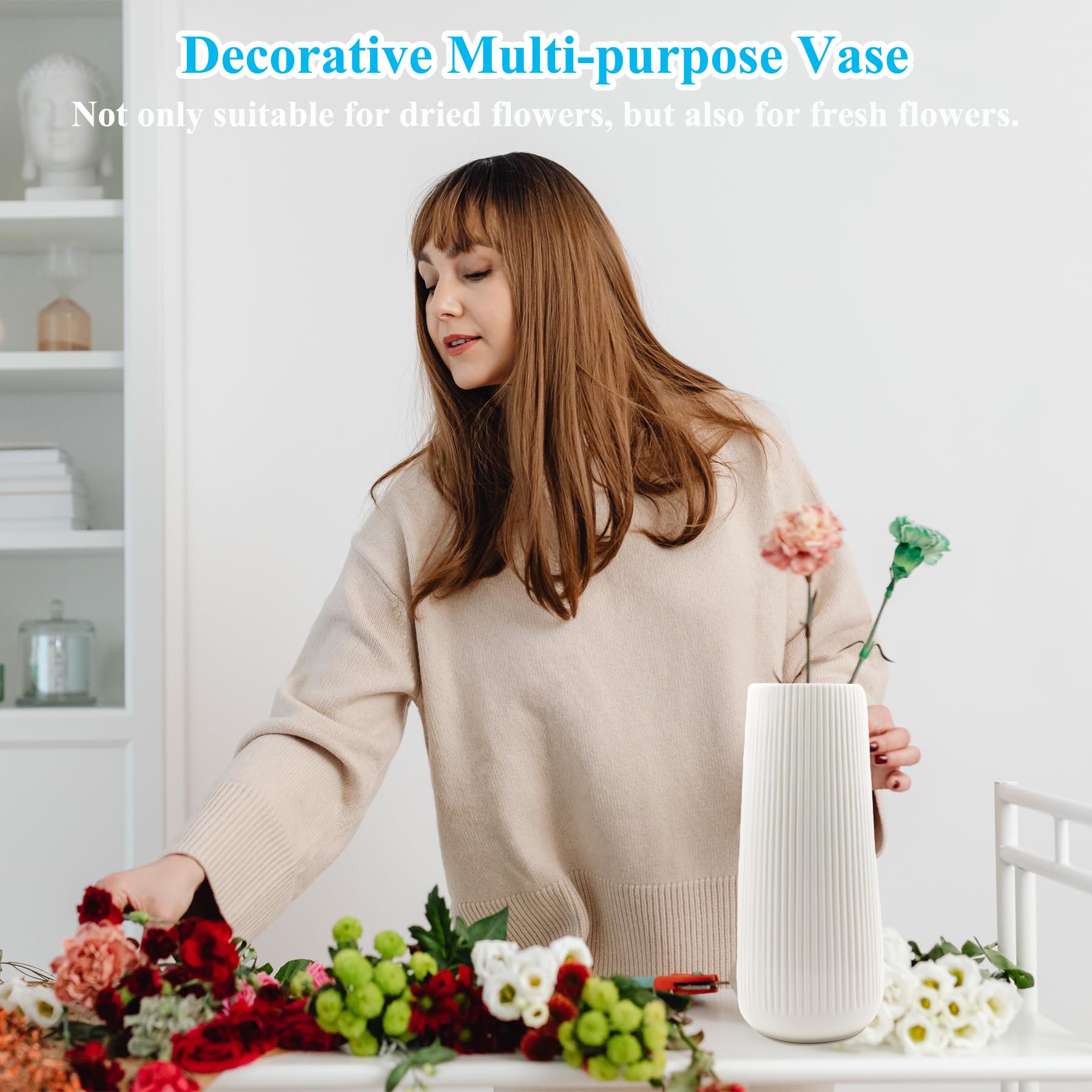 Ceramic Ribbed Vase for Pampas Grass, Boho Deco Modern White Glazed Flower Vase 7.87Inch / 20CM - Image 3