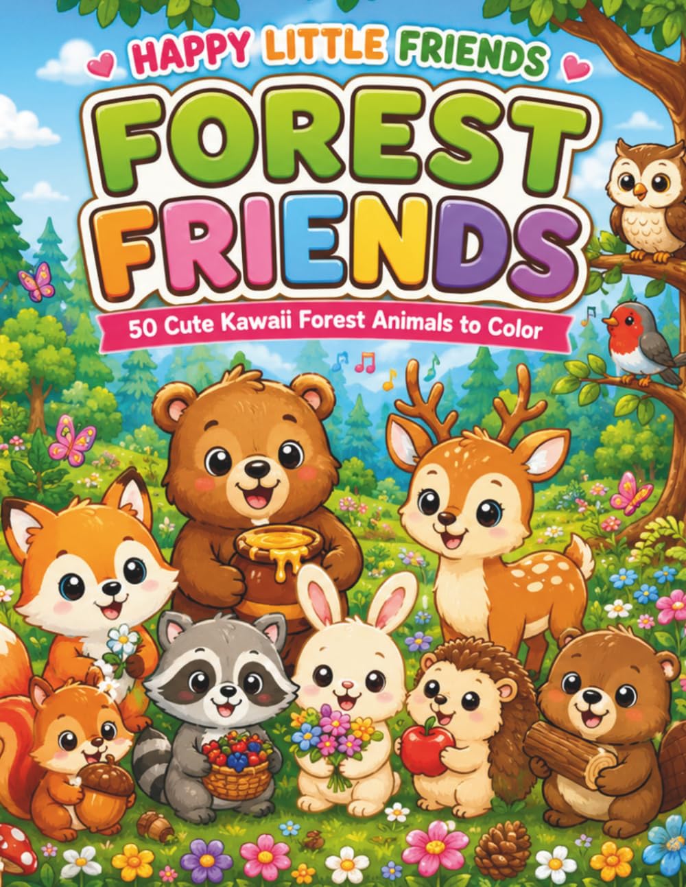 Happy Little Friends: Forest Friends: 50 Cute Kawaii Forest Animals to Color