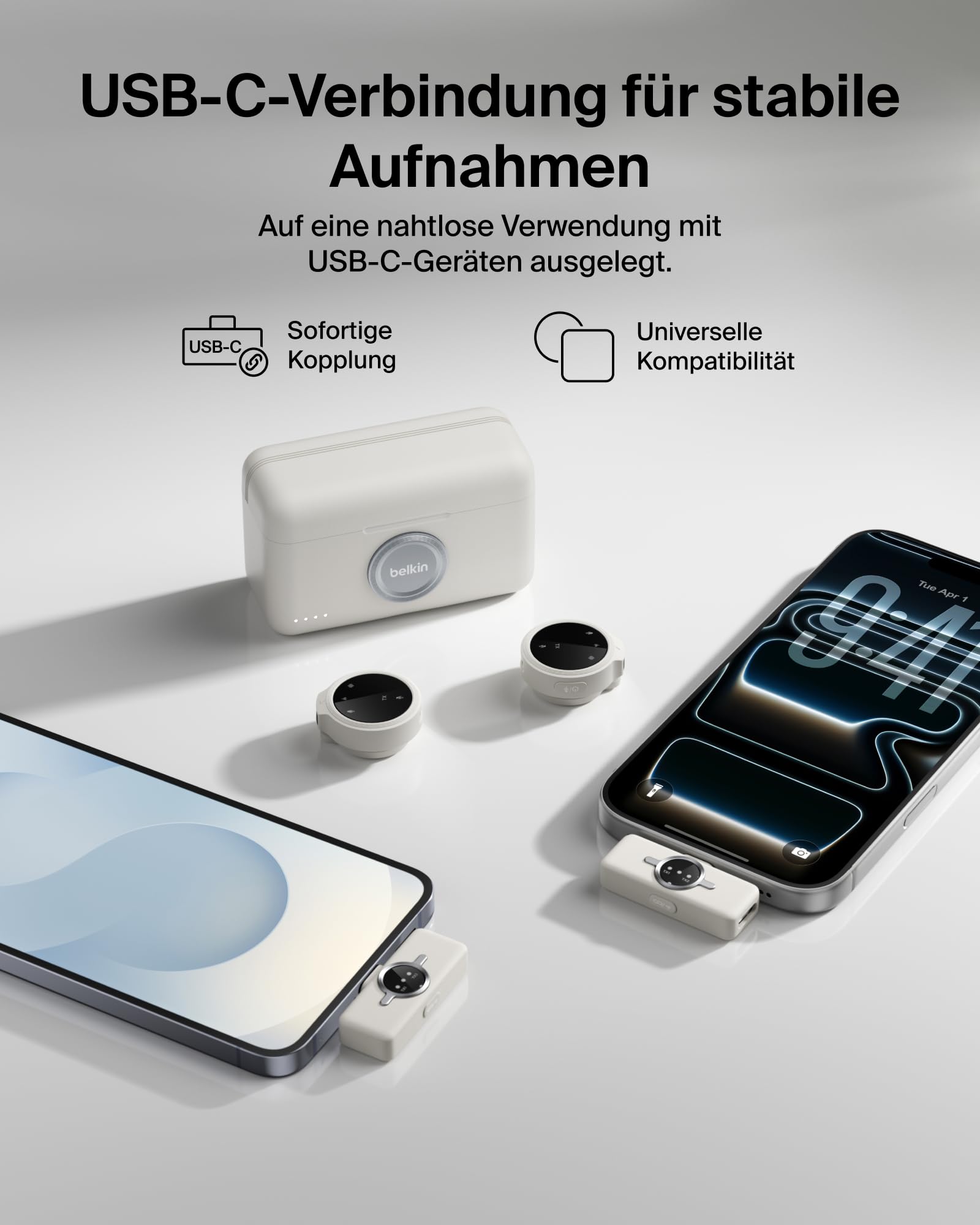 Belkin Stage Mini Mikrofon kabellos, 2er Set mit Clip für iPhone, Android, 24-Bit/48 kHz, 36 Std. Akku, Geräuschreduzierung, Funkmikrofon magnetisch omnidirektional für YouTube, Podcast, Vlogging
